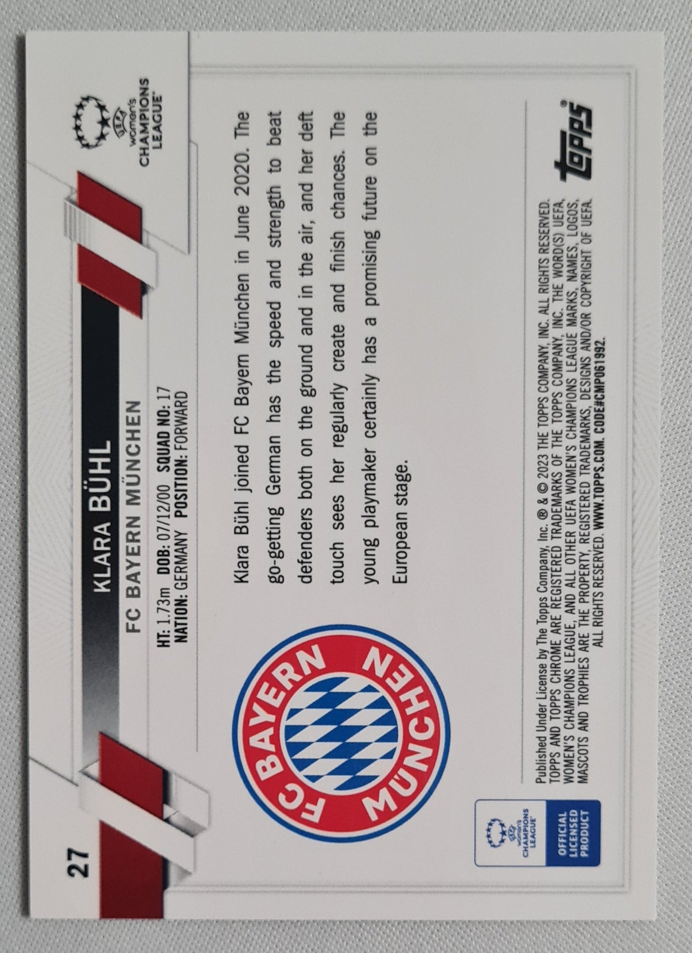 Klara Buhl - 2023 Topps Chrome #27 FC Bayern Munchen(CL) Aqua Refrector