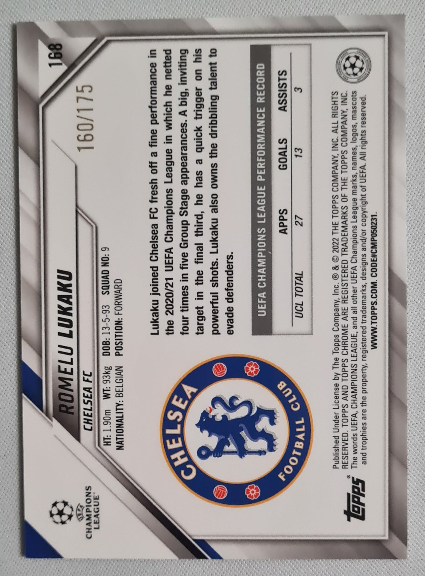 Romelu Lukaku - 2022 Topps Chrome #168 Chelsea FC /175 Pink Refractor