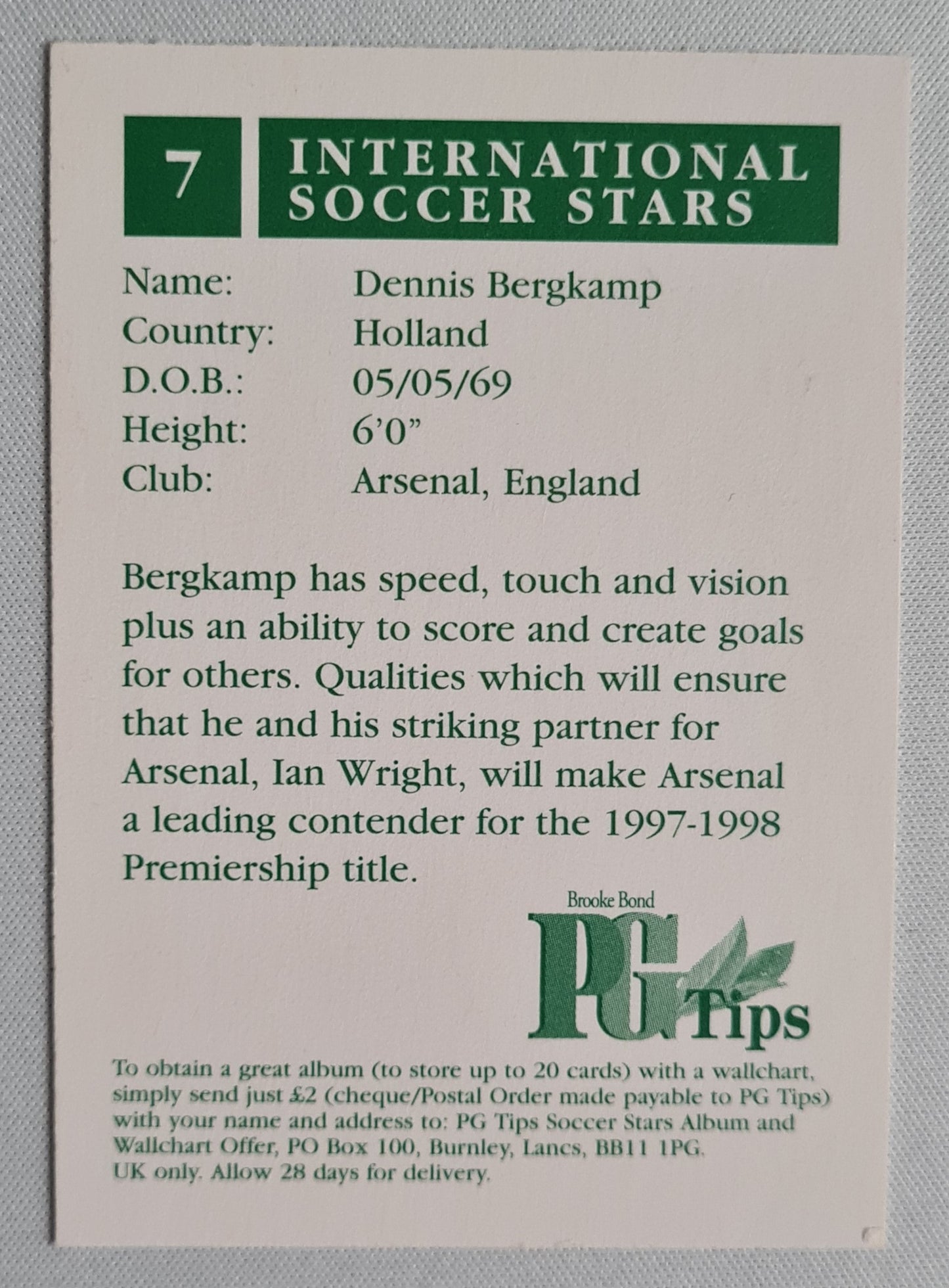 Dennis Bergkamp - 1997/98 PG Tips (Brooke Bond) International Soccer Star #7