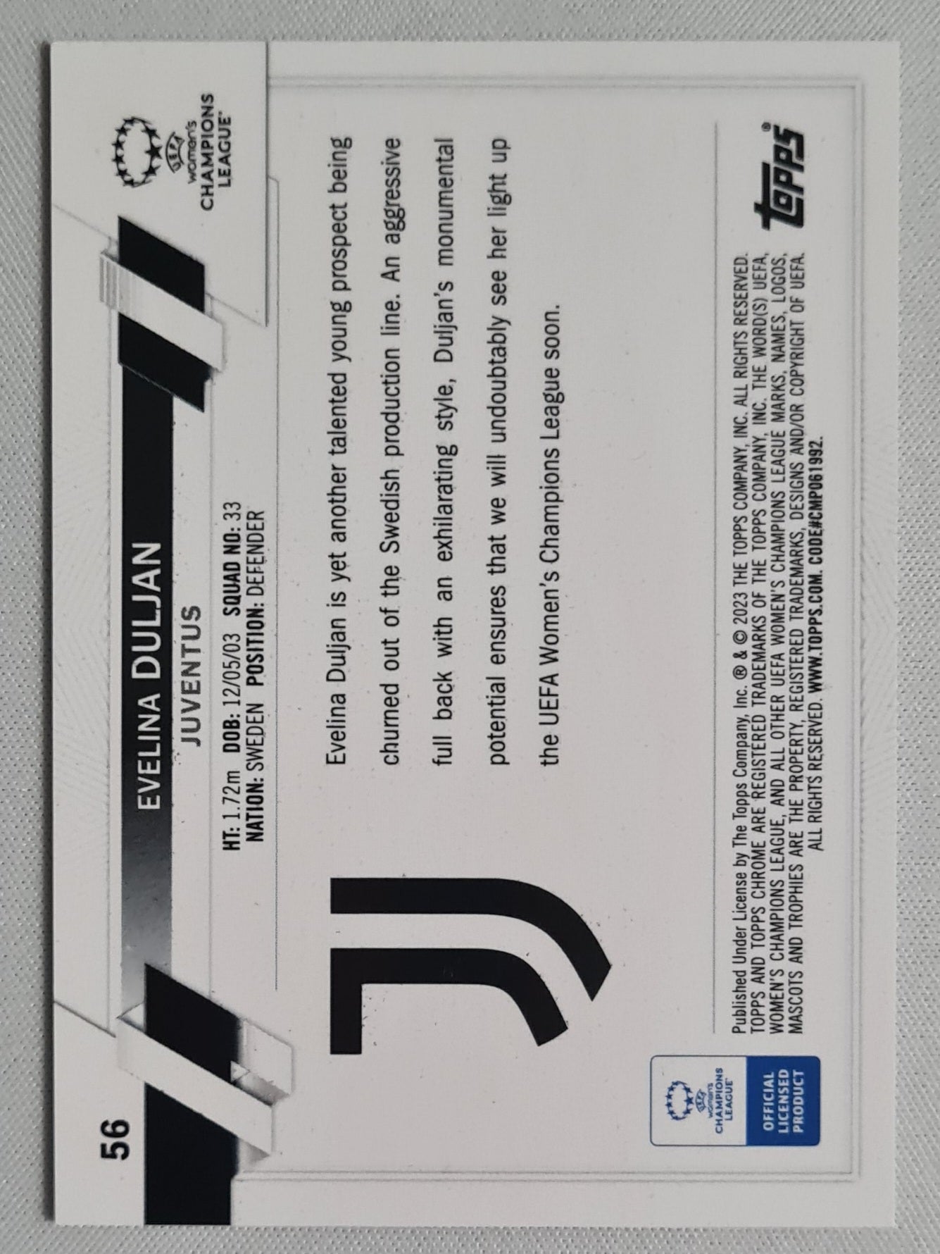 Evelina Duljan - 2023 Topps Chrome #56 Juventus (RC) Women Champions League Aqua Refractor