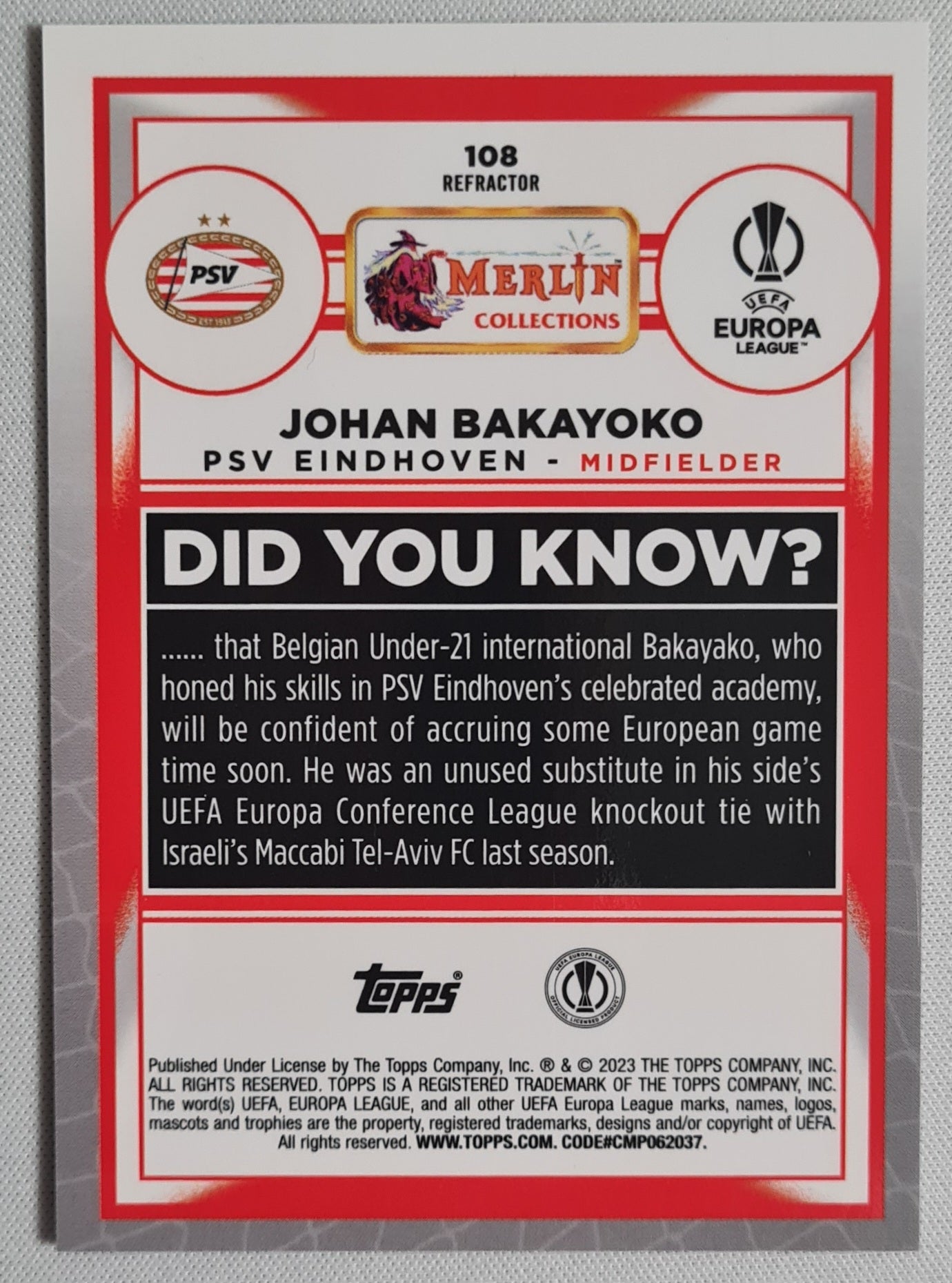 Johan Bakayoko - 2023 Topps Merlin #108 (RC) PSV Eindhoven Europa League