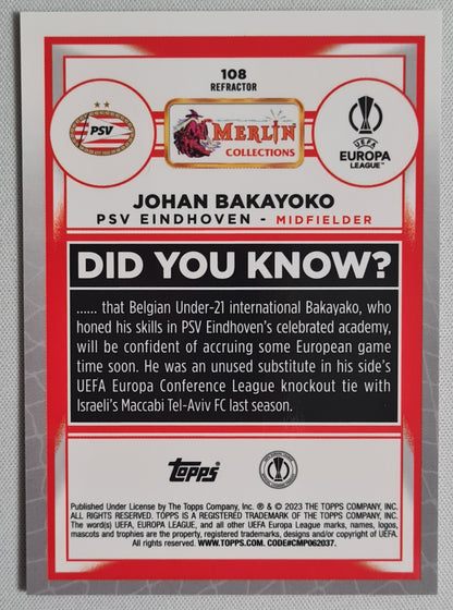 Johan Bakayoko - 2023 Topps Merlin #108 (RC) PSV Eindhoven Europa League