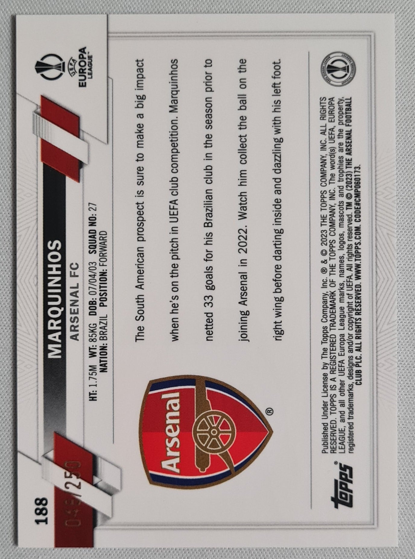 Marquinhos - 2023 Topps Chrome #188 (RC) Arsenal Europa League Pink X-Fractor /250