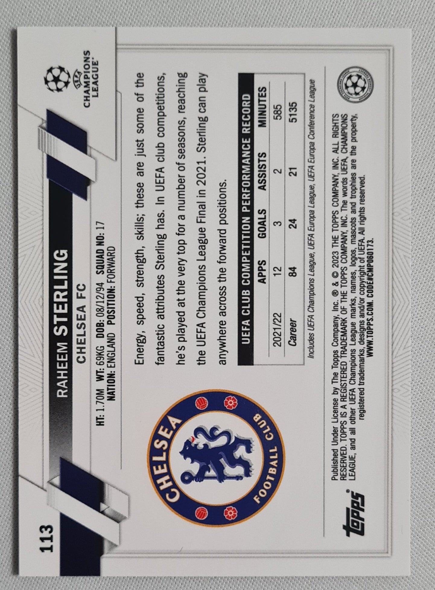 Raheem Sterling - 2023 Topps Chrome #113 (CL) Chelsea FC Purple Gold Siesmic