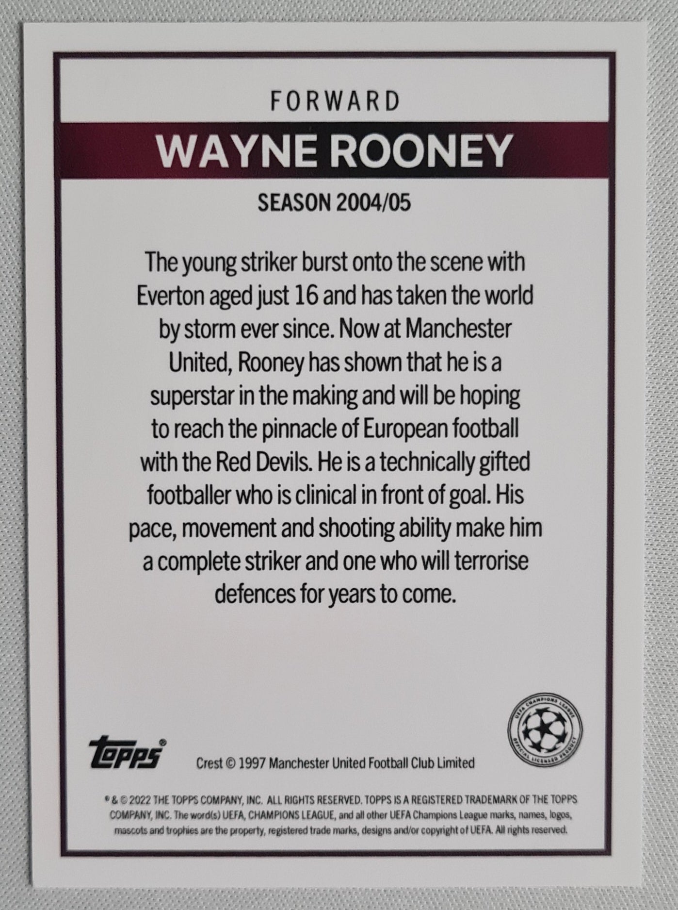 Wayne Rooney - 1997 Topps Manchester United Football (CL) Season 2004/2005