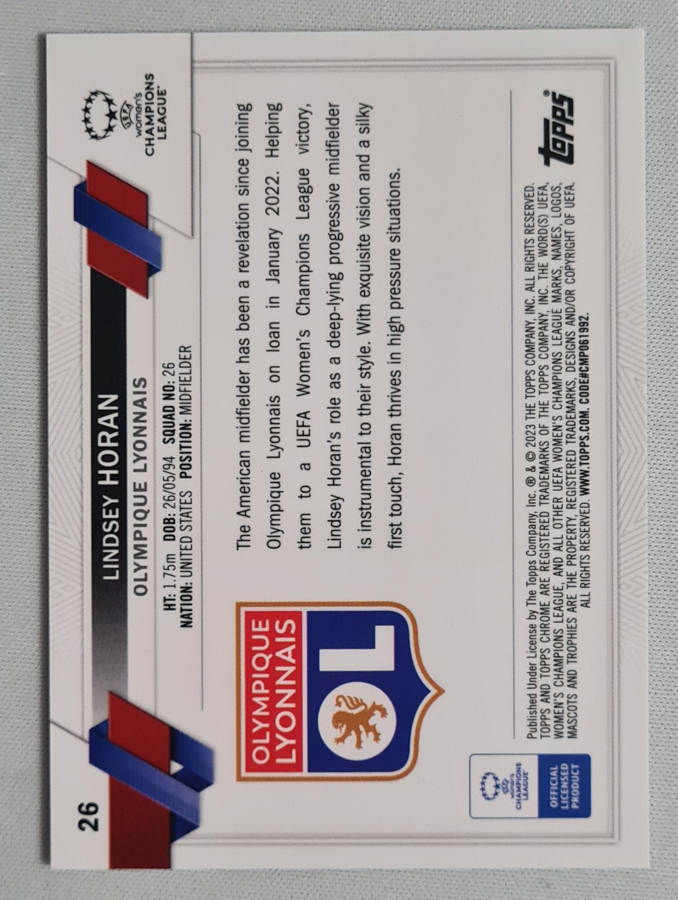 Lindsey Horan - 2023 Topps Chrome #26 Olympique Lyonnais Women (CL) /299 Purple