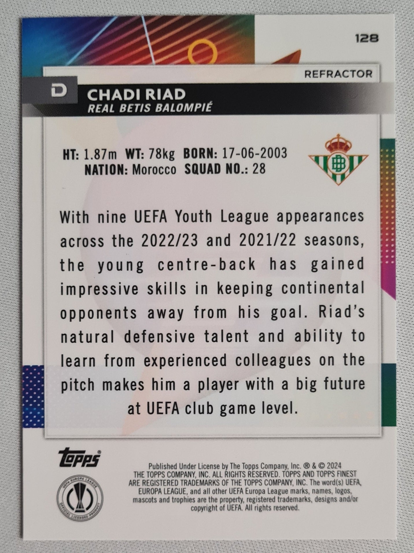 Chadi Riad - 2024 Topps Finest #128 (RC) Refractor (EL) Real Betis Balompie