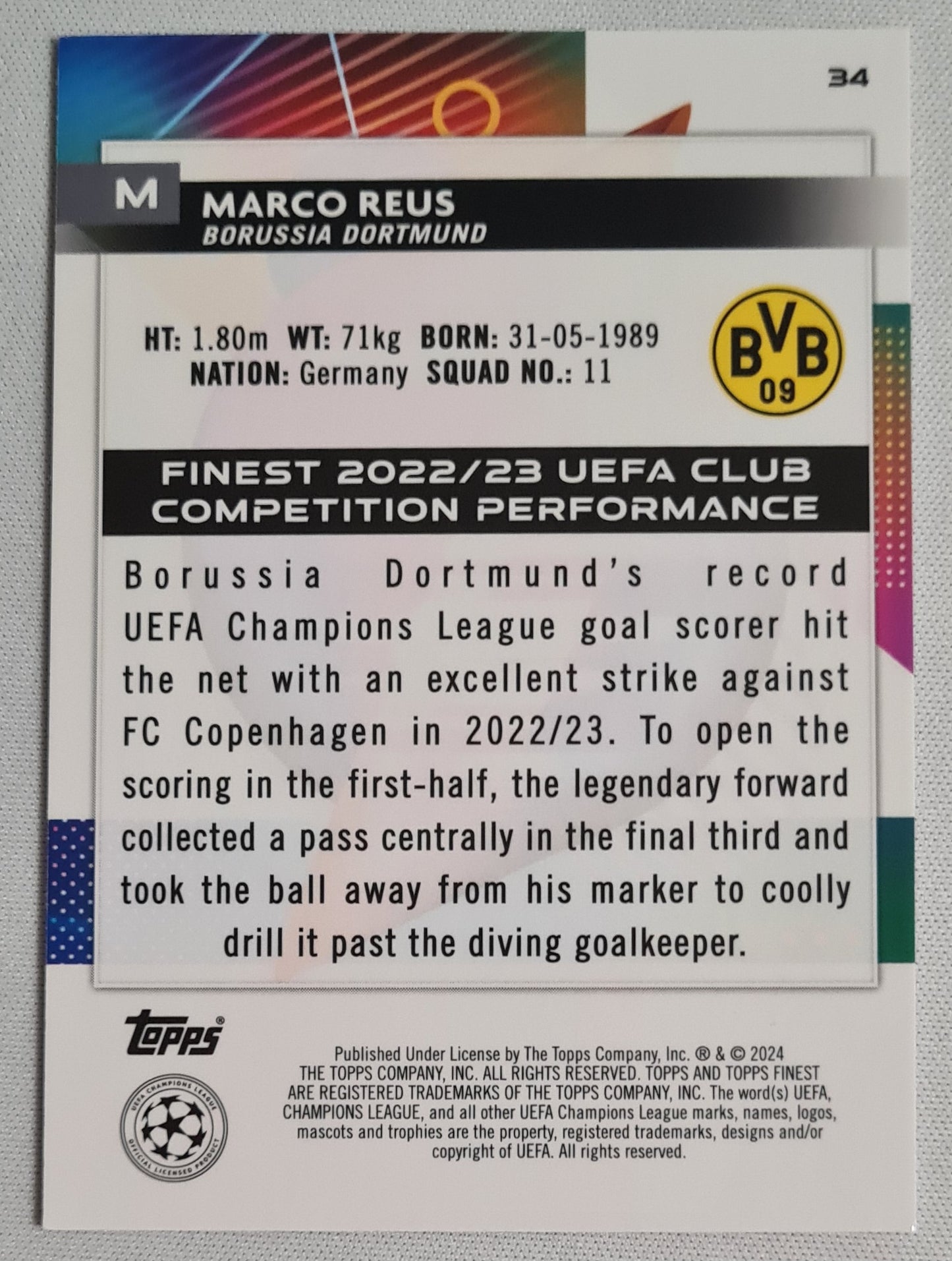 Marco Reus - 2024 Topps Finest #34 (CL) Purple Refractor /299 BvB09