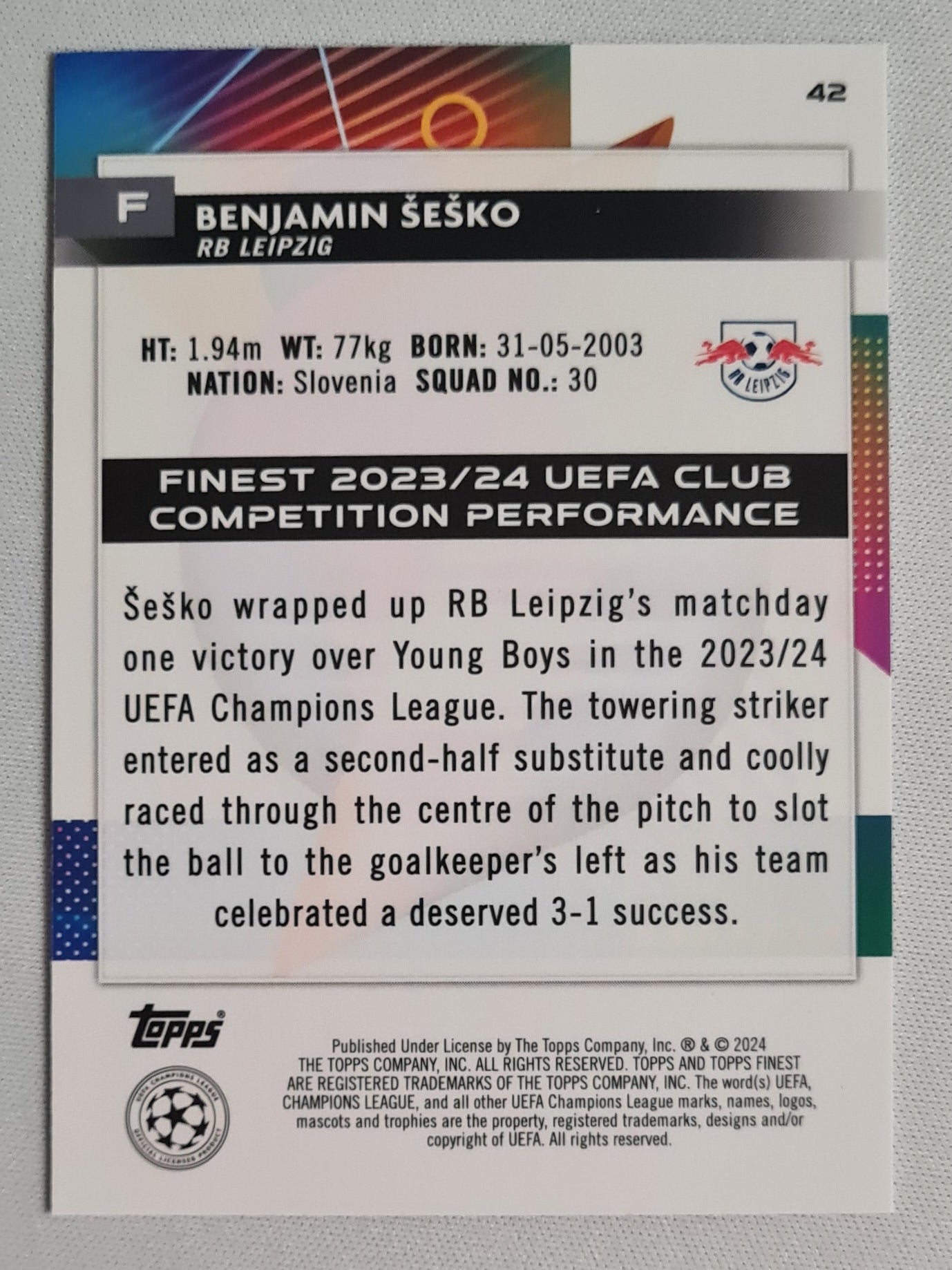Benjamin Sesko - 2024 Topps Finest (CL) /299 RB Leipzig