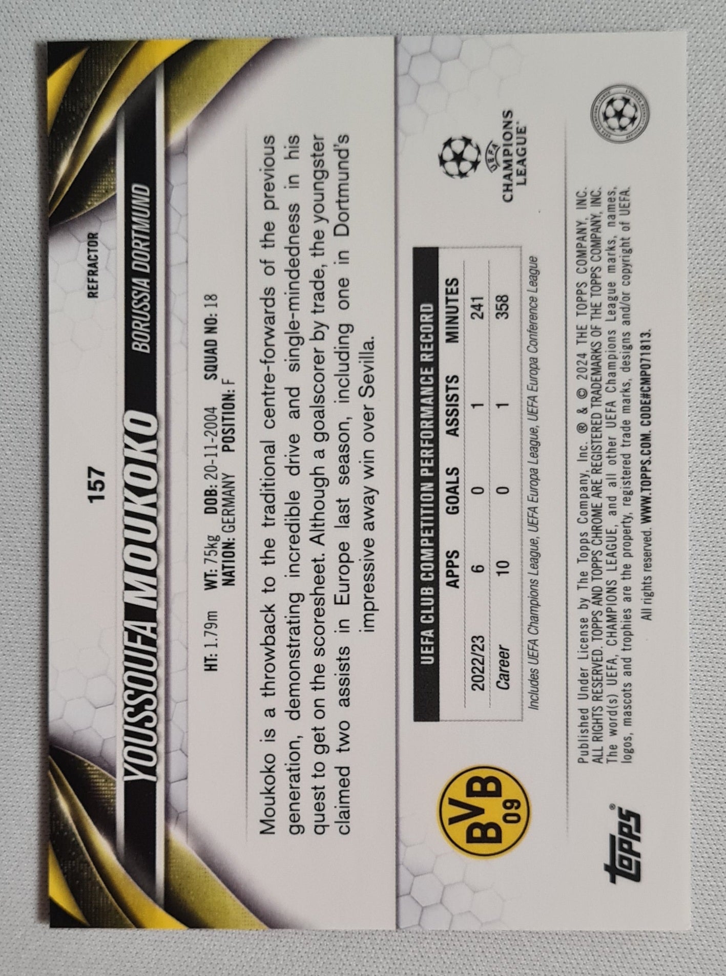 Youssoufa Moukoko - 2024 Topps Chrome #157 Refractor - Borussia Dortmund BvB09 (CL)