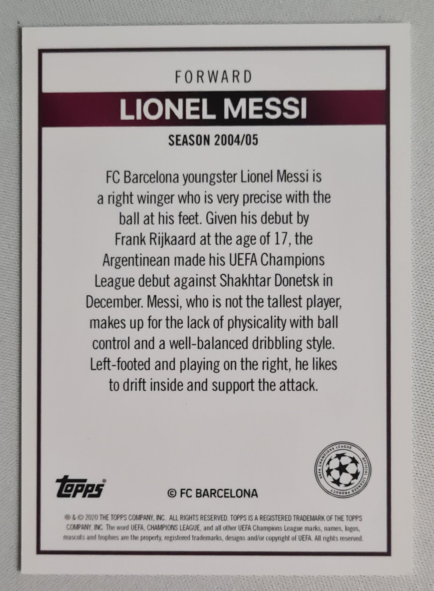 Lionel Messi - 2020 Topps Champions League (RC) FC Barcelona Season 2004/05