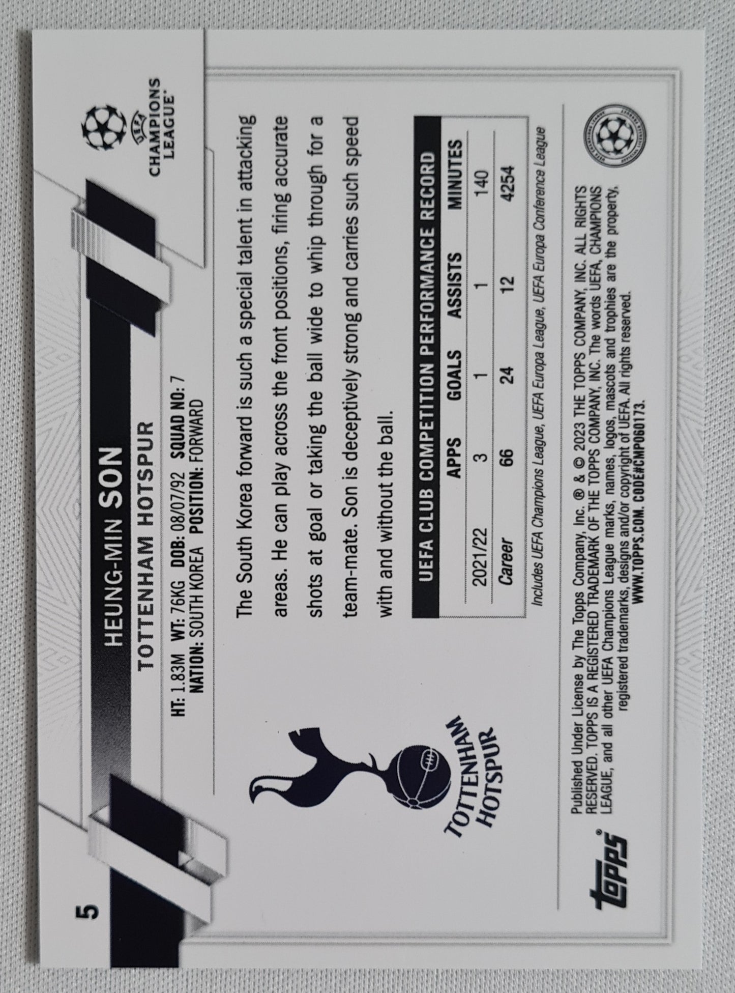 Heung-Min Son - 2023 Topps Chrome #5 Tottenham Hotspur (CL) Ray Wave