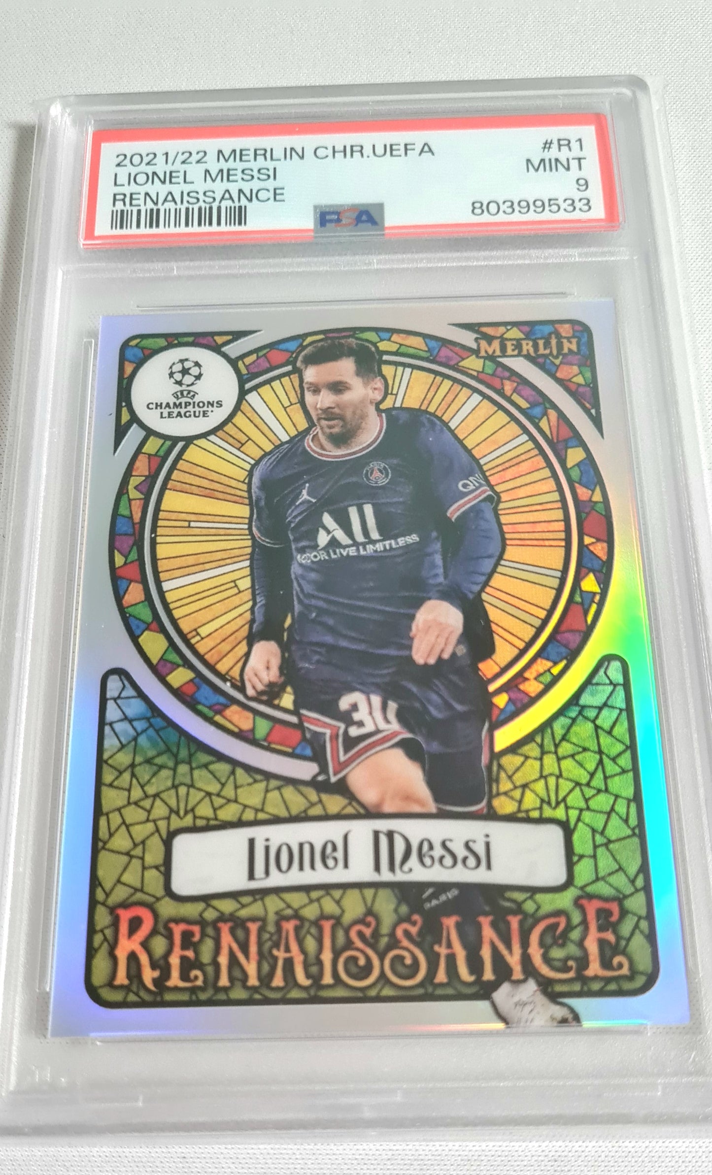Lionel Messi - 2021/22 Merlin CHR. UEFA Renaissance #R1 PSA 9 MINT Case Hit !