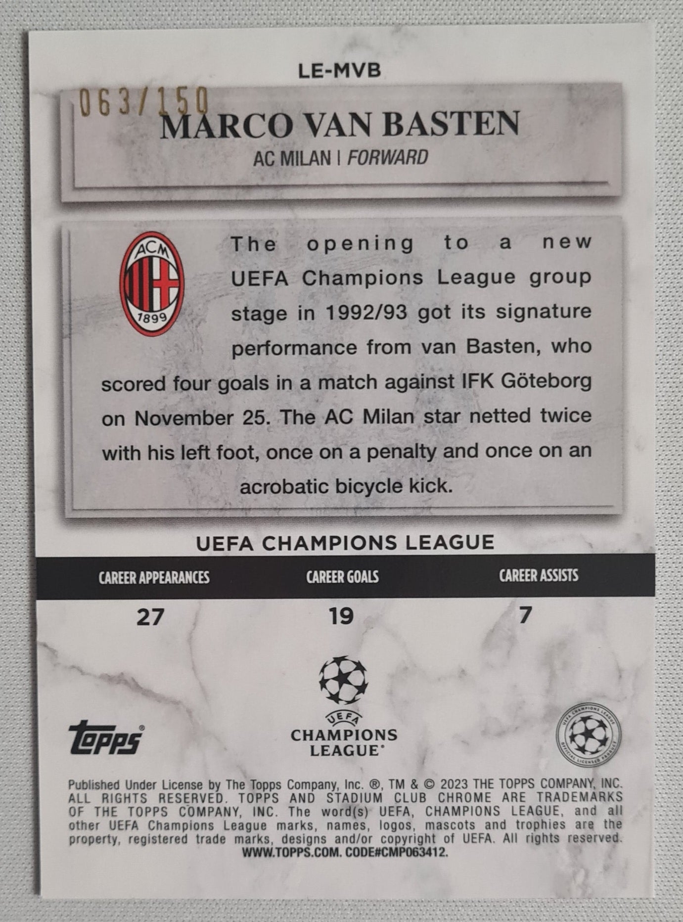 Marco van Basten - 2023 Topps Stadium Club Chrome - Legends of Europe Pink /150