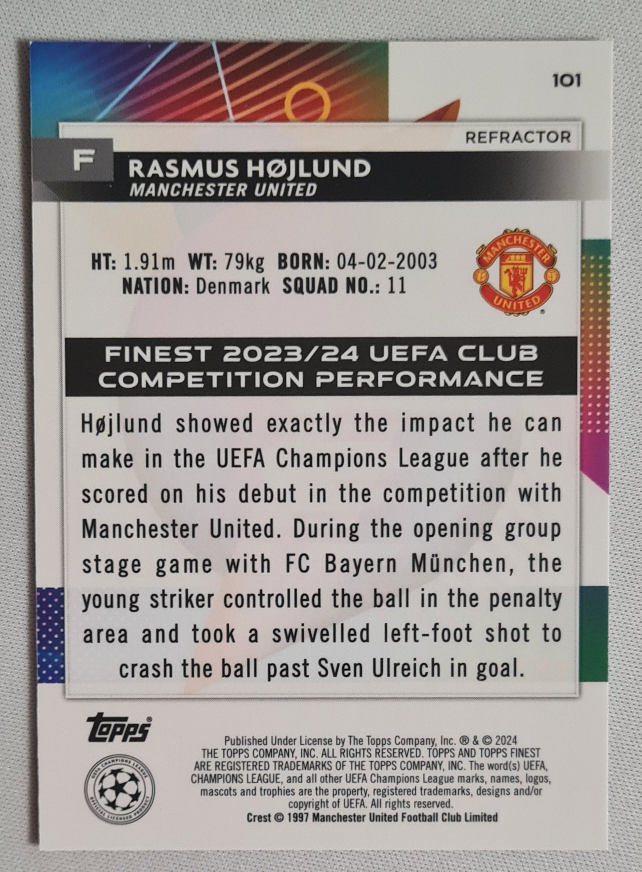 Rasmus Hojlund -2024 Topps Finest #101 Manchester United (CL) Refractor
