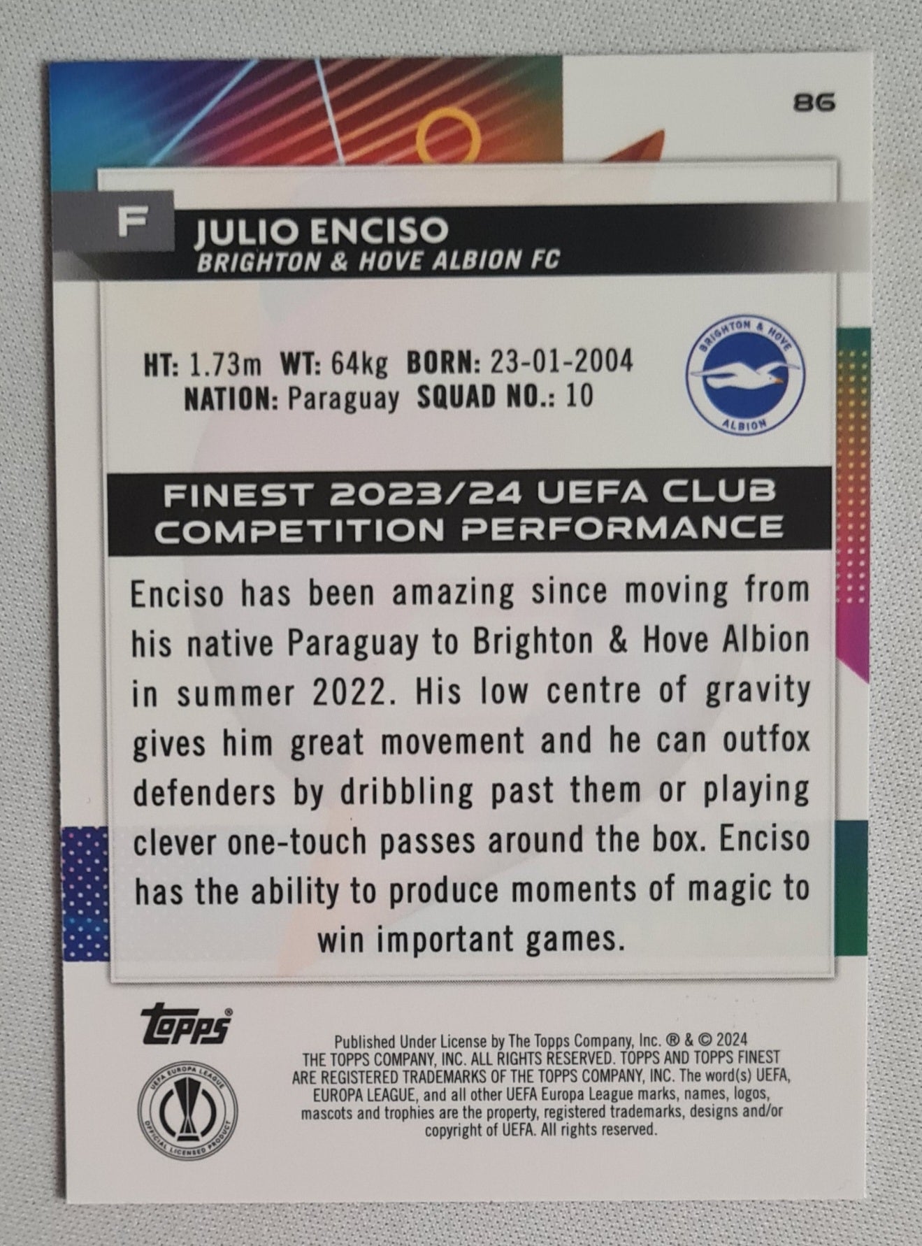Julio Enciso - 2024 Topps Finest #86 Brighton & Hove Albion FC /150