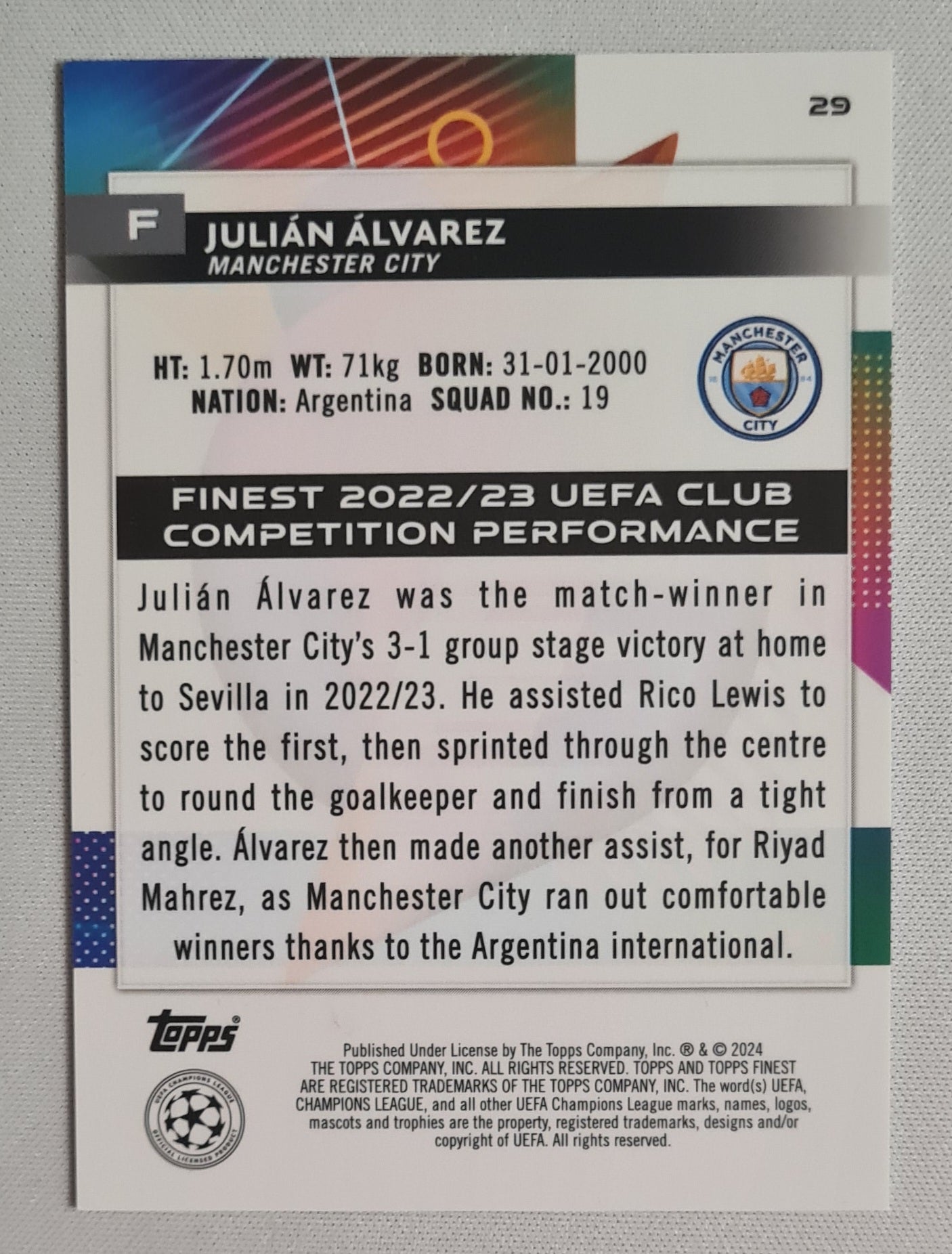 Julian Alvarez - 2024 Topps Finest #29 Manchester City (CL) /275