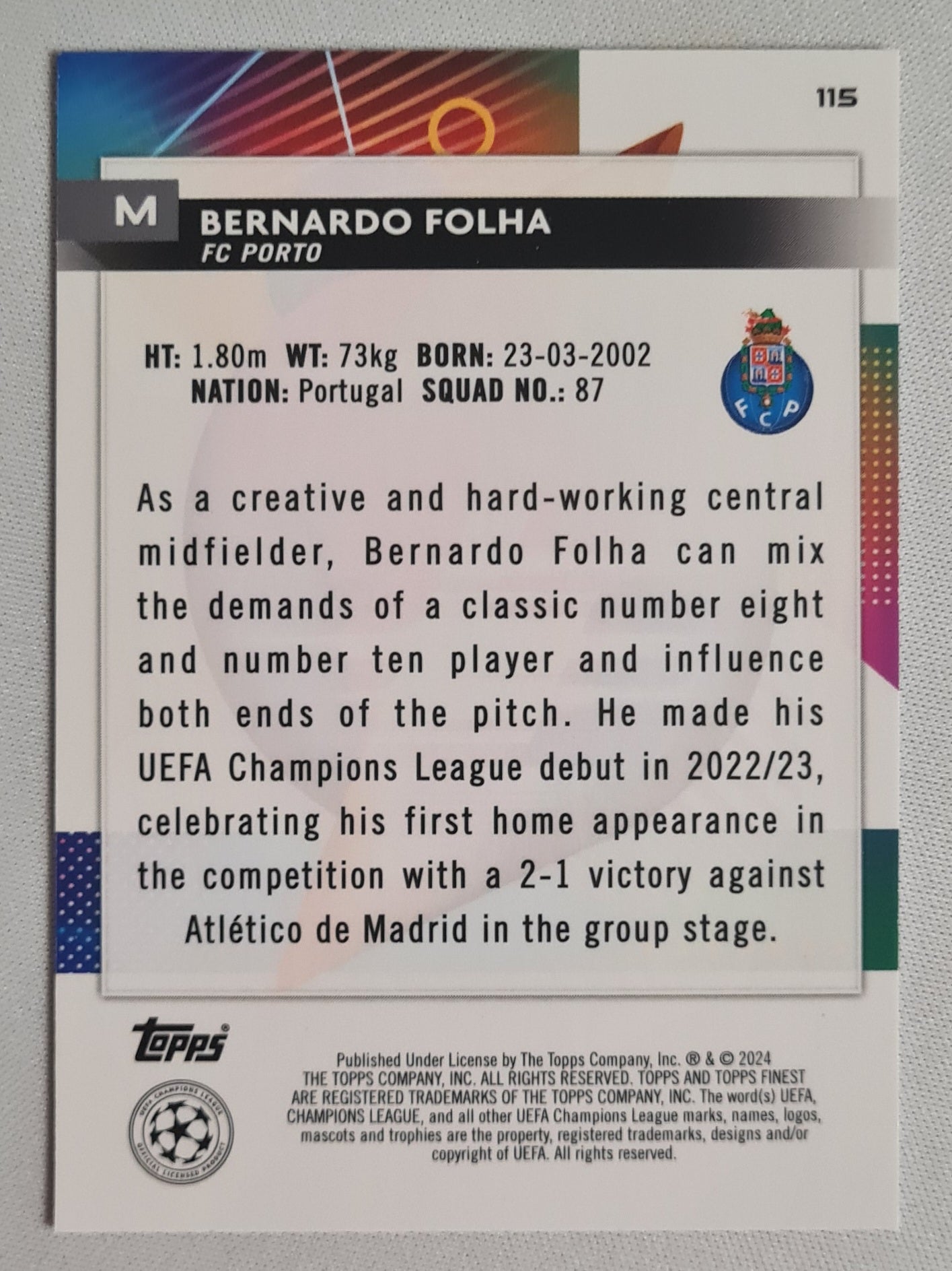 Bernardo Folha - 2024 Topps Finest #115 FC Porto (CL) /275