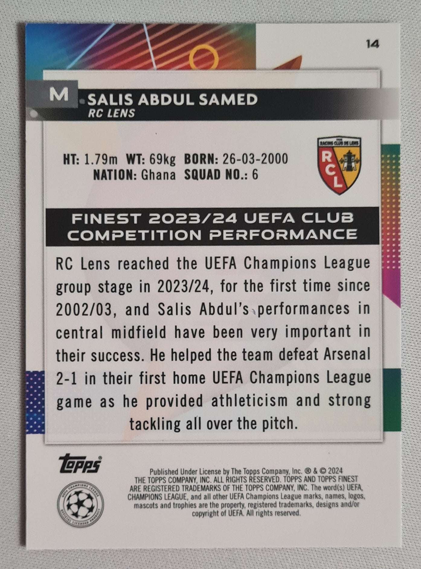 Salis Abdul Samed - 2024 Topps Finest #14 RC Lens (CL) Purple Shimmer /199