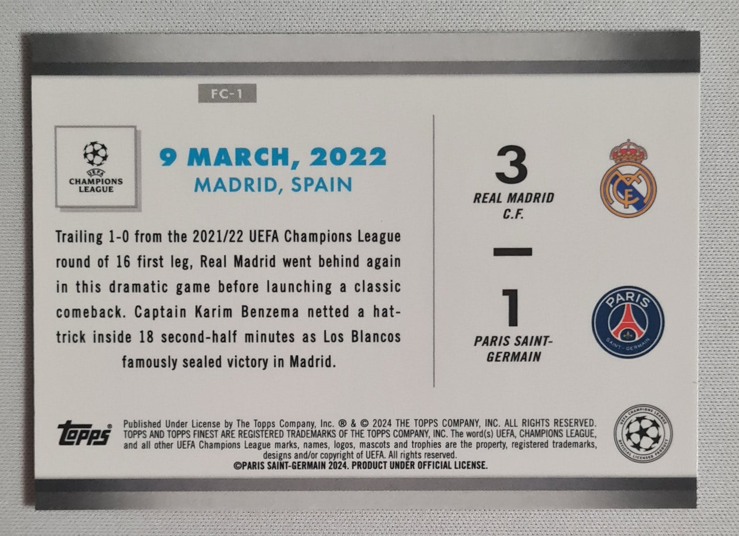 Featuring Benzima - 2024 Topps Finest "Comebacks" FC-1 - Real Madrid vs PSG Holo