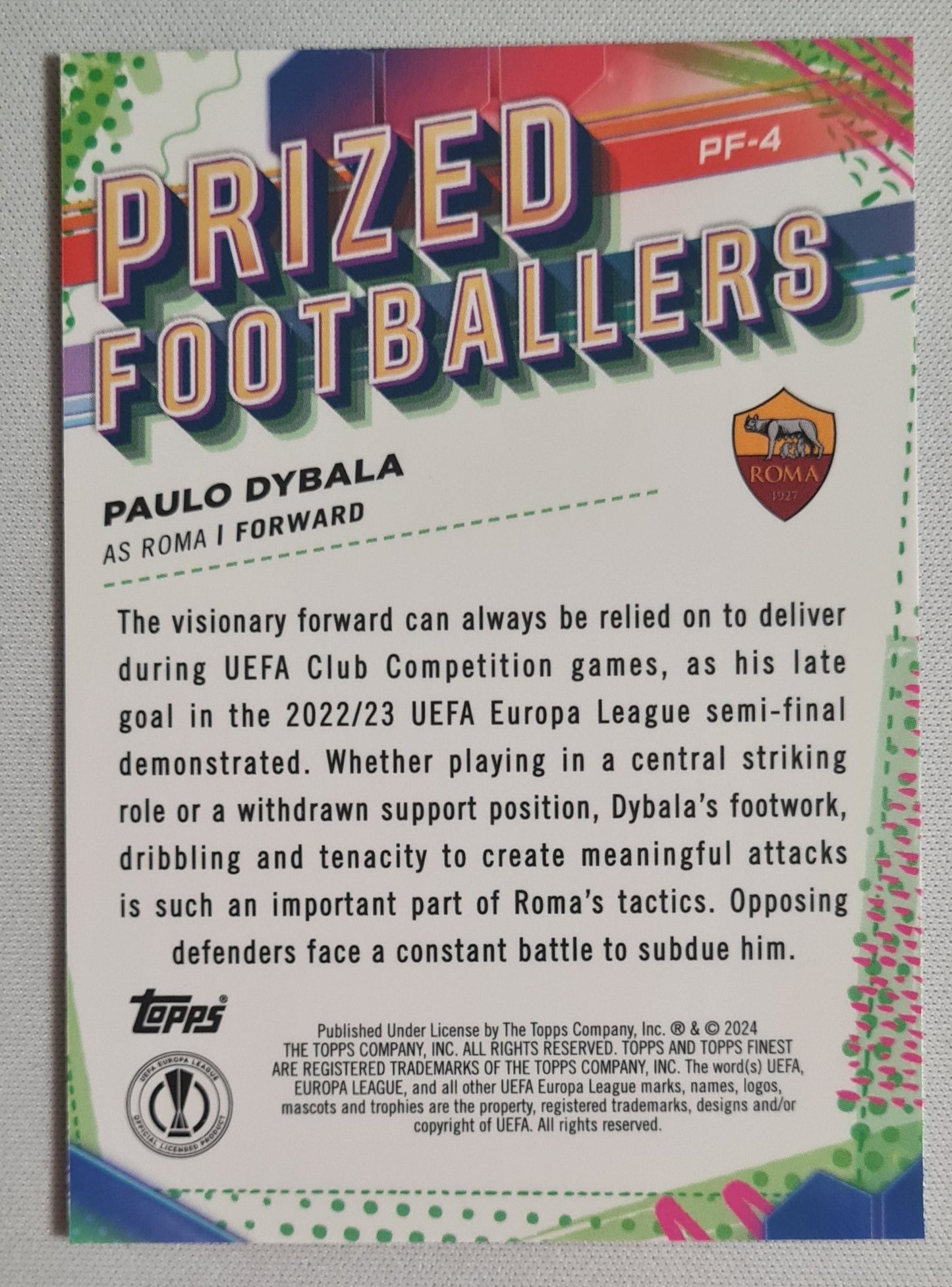 Paulo Dybala - 2024 Topps Finest UEFA Prized Footballers #PF-4 AS Roma (CL)
