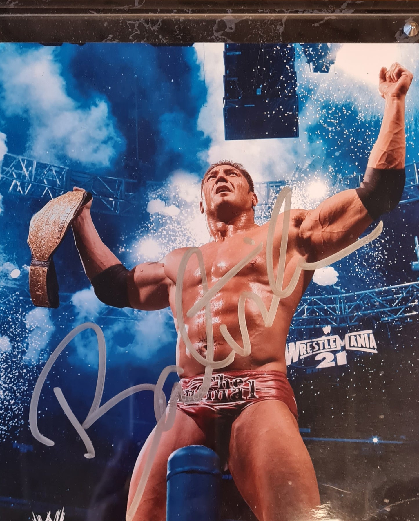 Batista - WWE Superstar Autograph Picture in frame with Blood on canvas WrestleMania 21