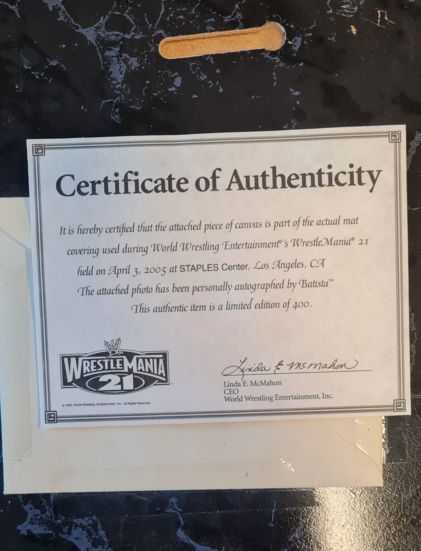 Batista - WWE Superstar Autograph Picture in frame with Blood on canvas WrestleMania 21