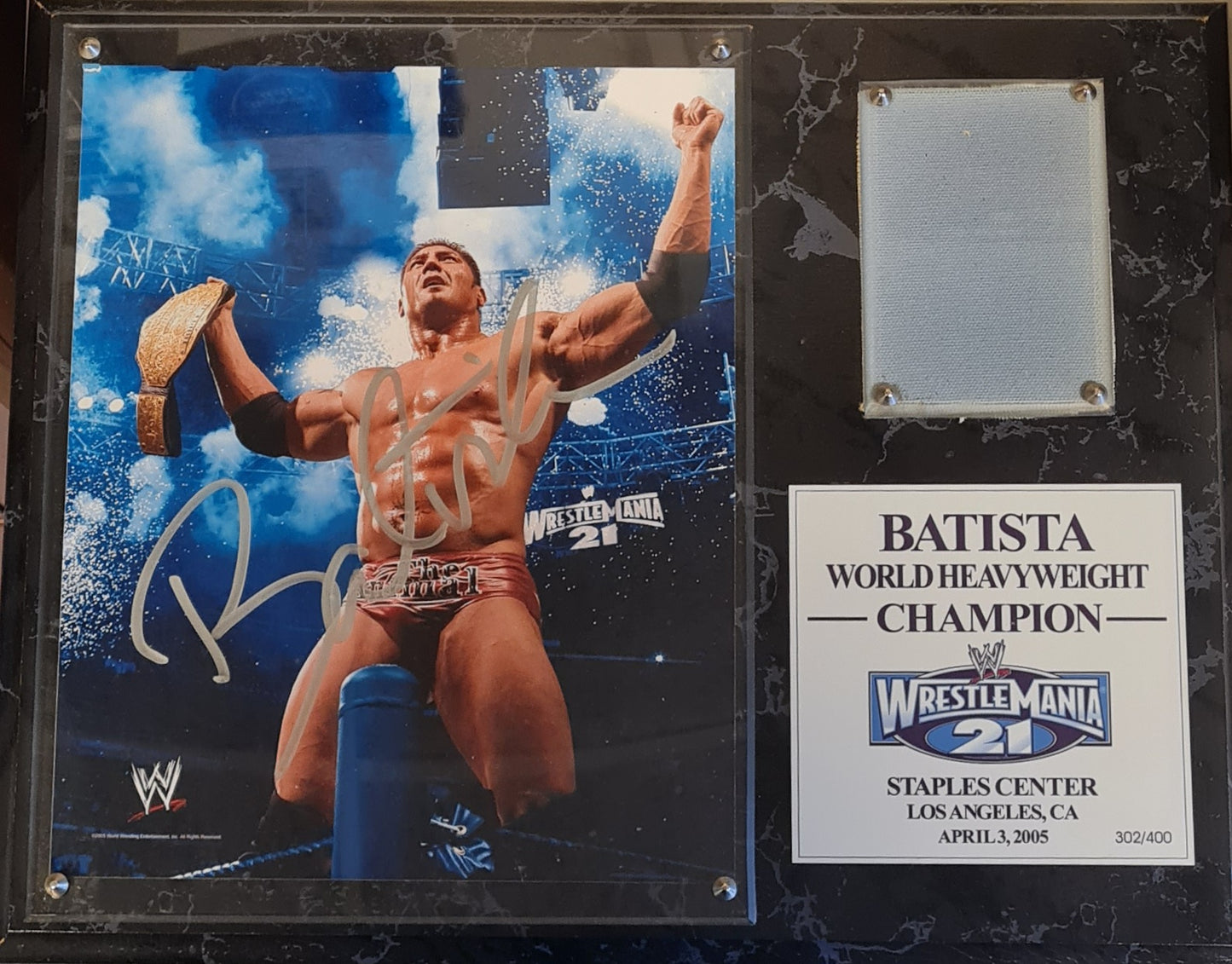 Batista - WWE Superstar Autograph Picture in frame with Blood on canvas WrestleMania 21