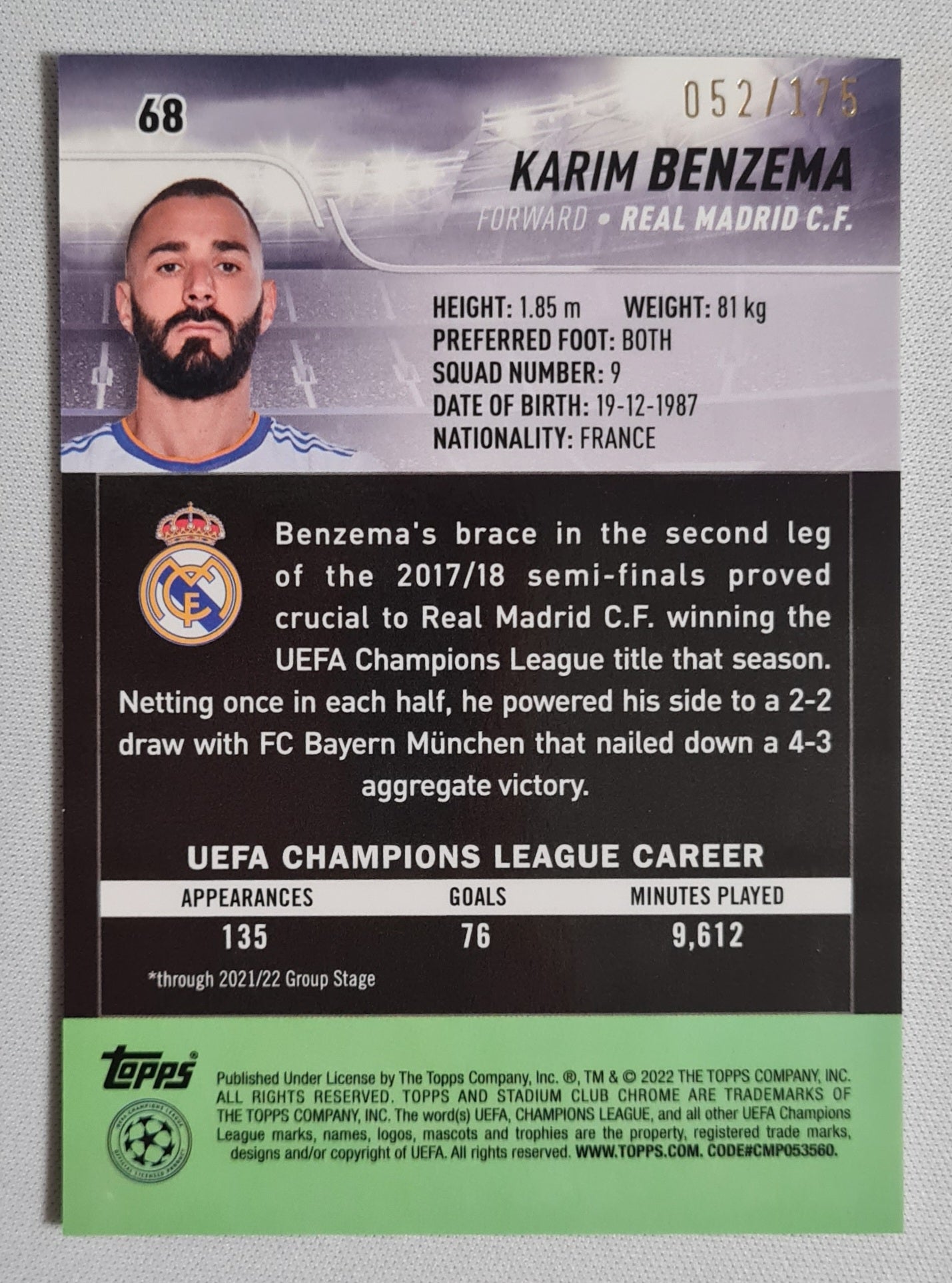 Karim Benzema - 2022 Topps Chrome Stadium Club #68 Night Vision Real Madrid /175