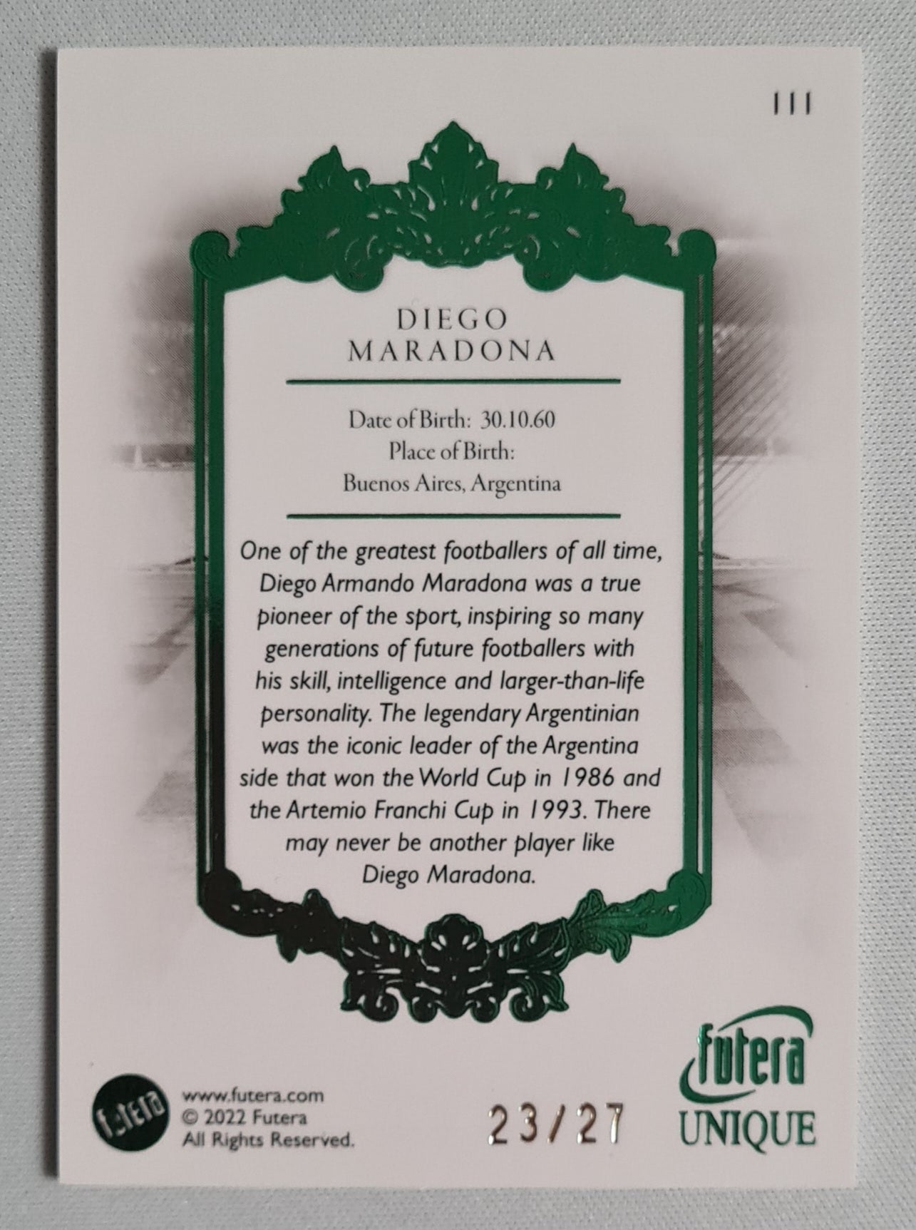 Diego Maradona - 2022 Futera "The Greatest" #111 Green color - Team Argentina /27