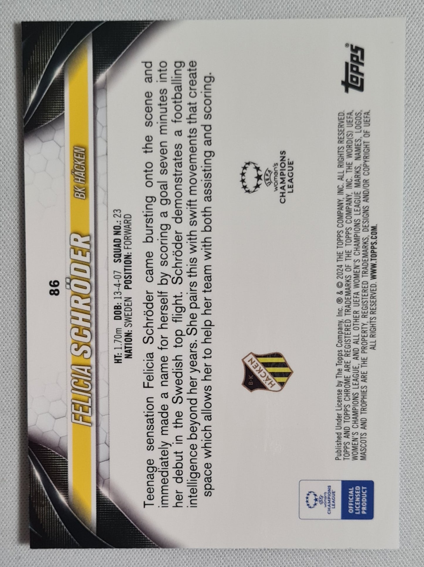 Felicia Schroder - 2023/24 Topps Chrome UEFA Women’s CL Aqua Prism Rookie #86 Hacken