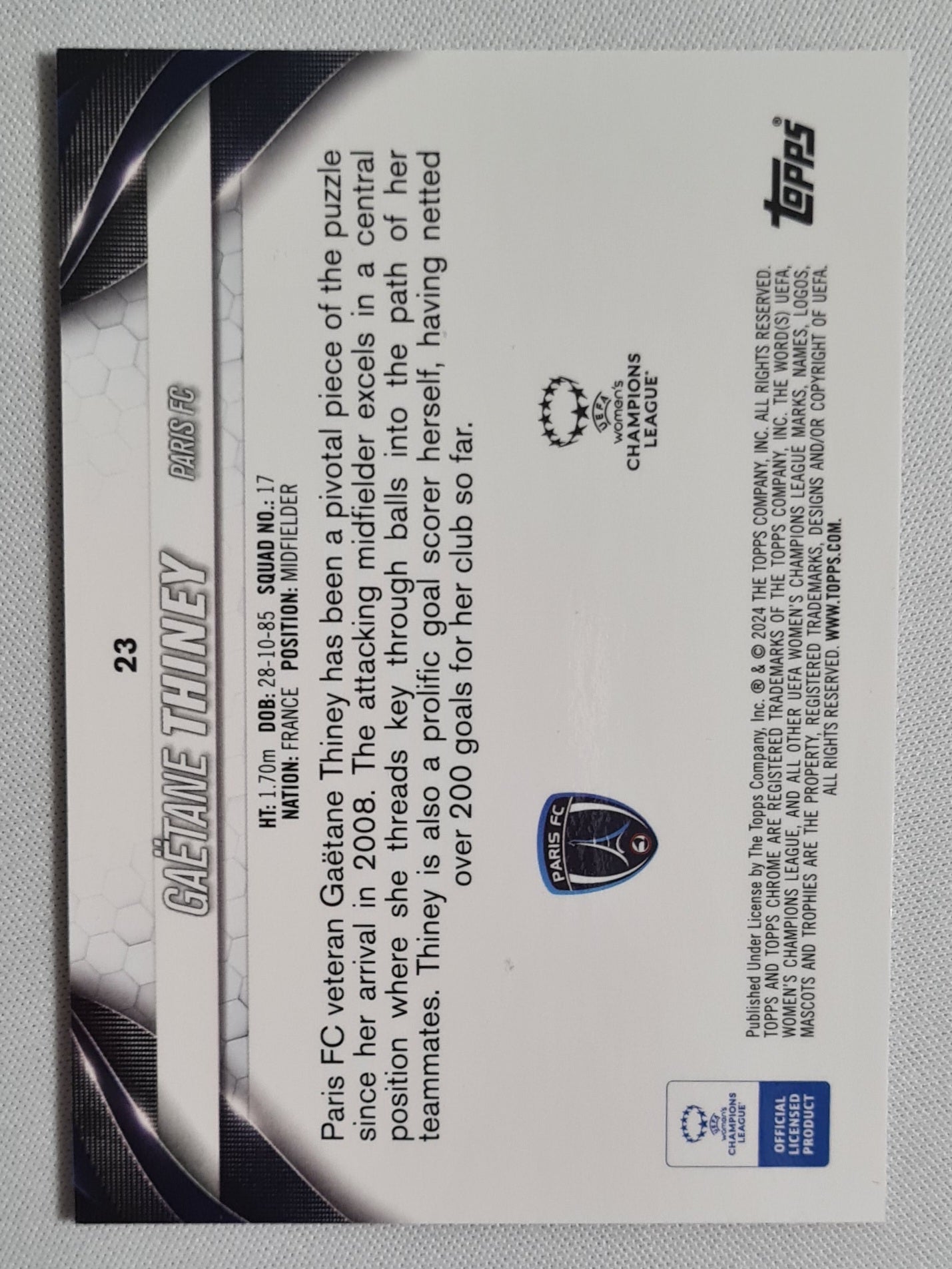 Gaetane Thiney - 2023/2024 Topps Chrome UEFA Women's CL Pink Prism /199 #23 Paris FC