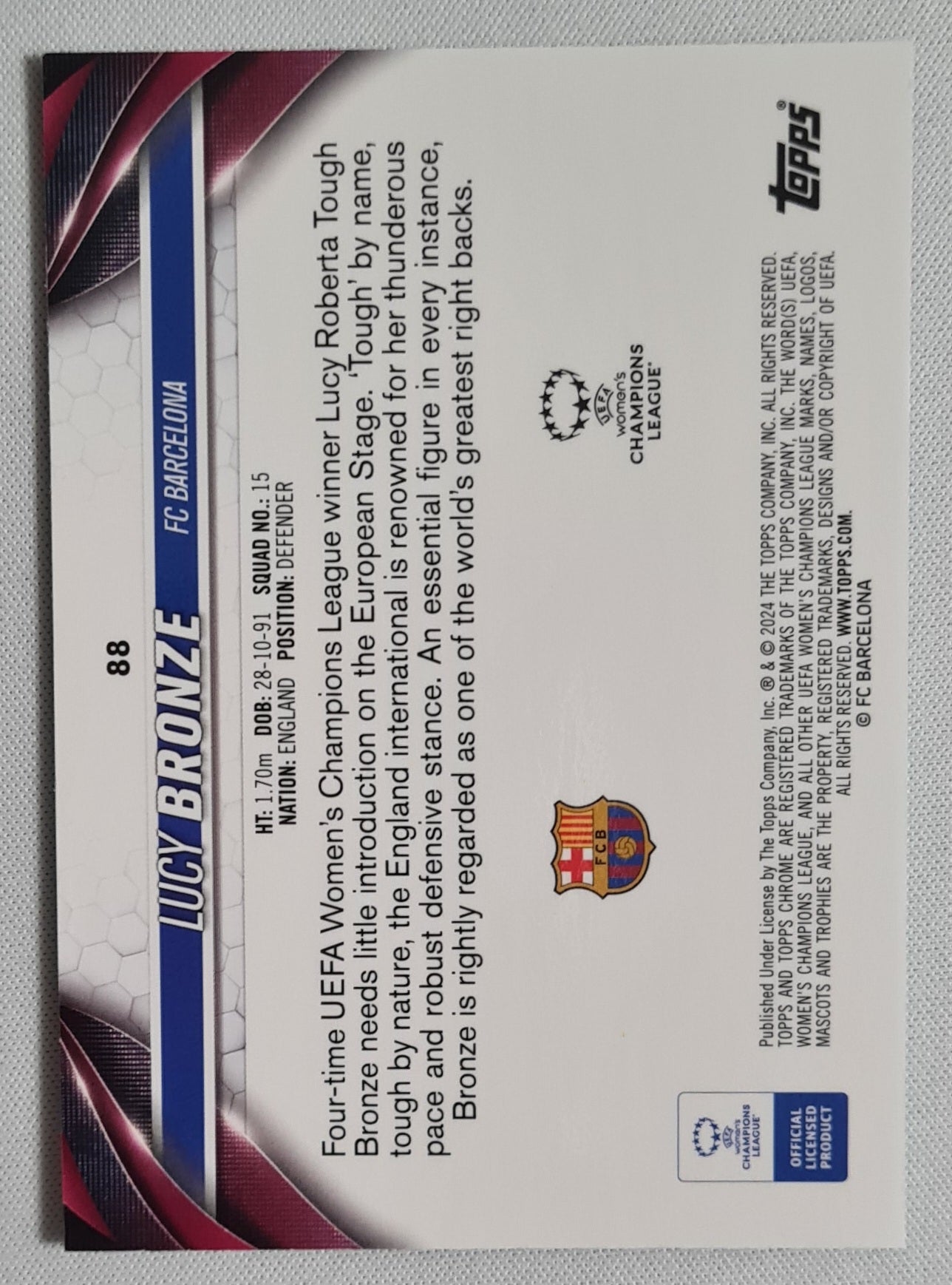 Lucy Bronze - 2023/24 Topps Chrome UEFA Women’s CL Aqua Prism #88 FC Barcelona