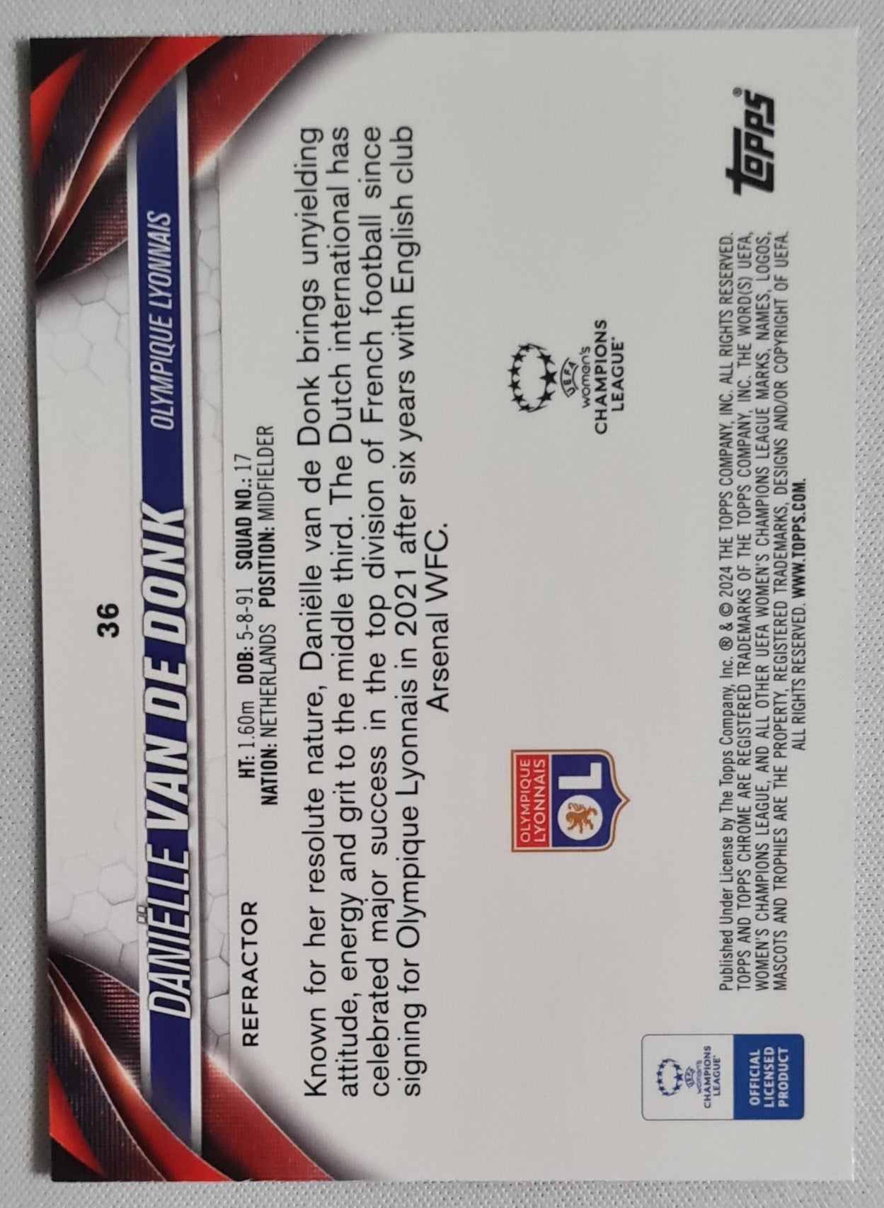 Danielle van de Donk - 2023/24 Topps Chrome UEFA Women's CL Refractor #36 Olympique Lyonnais