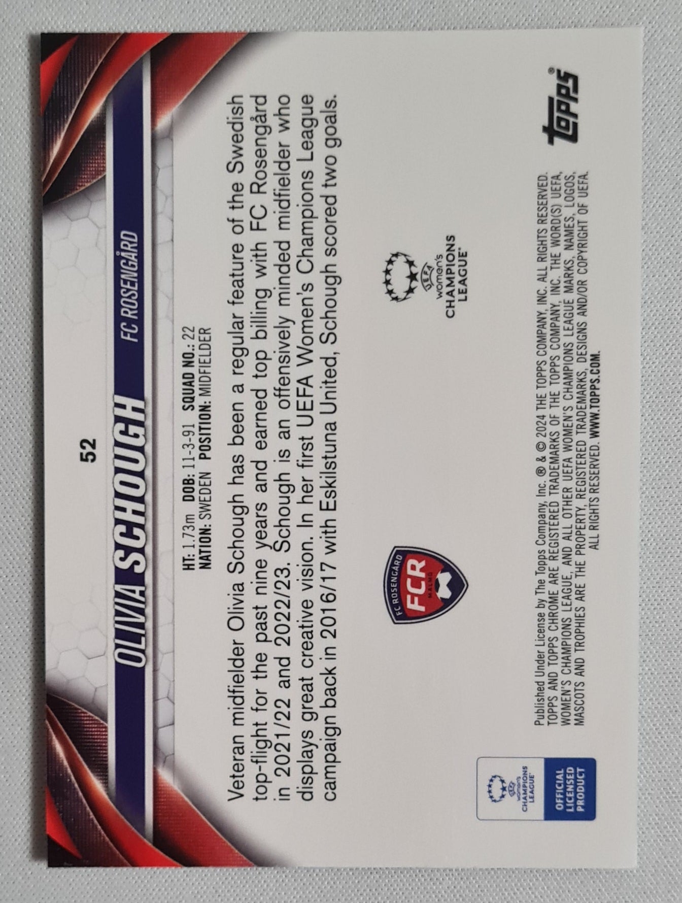 Olivia Schough - 2023/24 Topps Chrome UEFA Women’s CL Aqua Prism #52 Rosengard