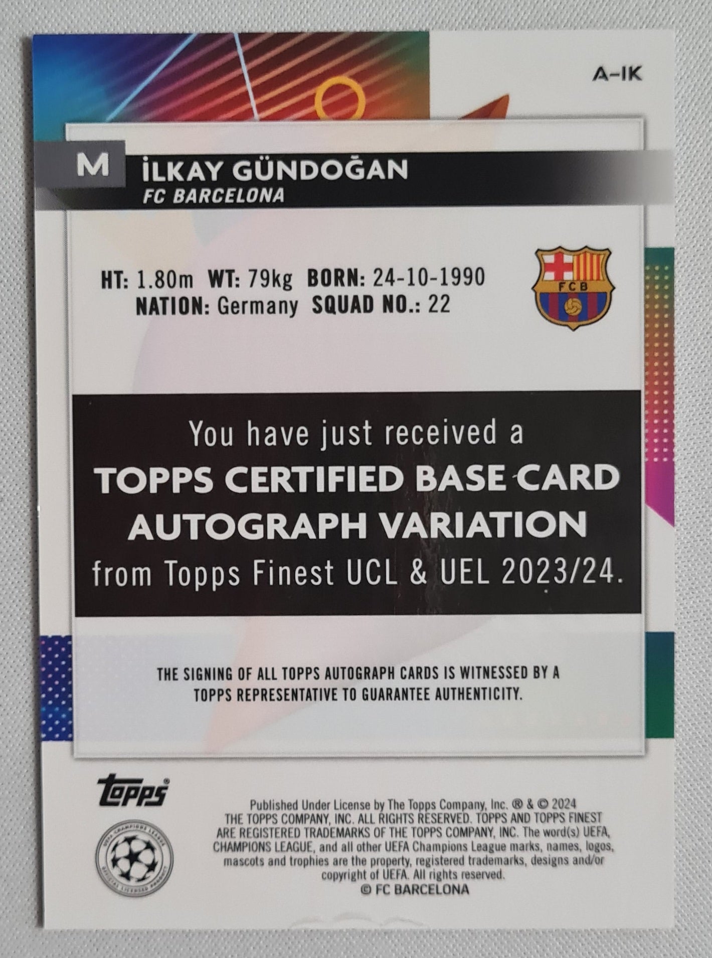 Ilkay Gundogan - 2024 Topps Finest Orange (CL) FC Barcelona /25 + Autograph