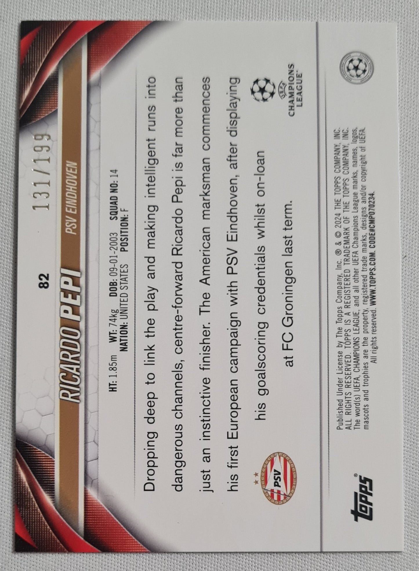 Ricardo Pepi - 2024 Topps #82 PSV Eindhoven (CL) Green Refractor /199