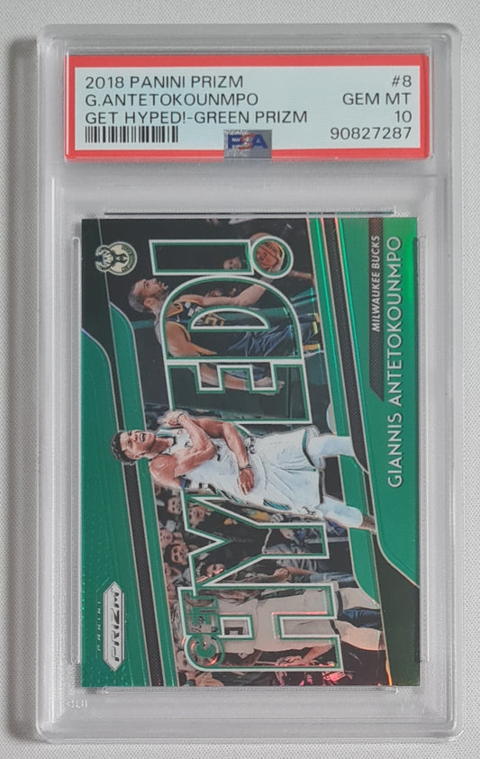 Giannis Antetokounmpo - 2018 Panini Prizm #8 "Get Hyped!" - Green Prizm Milwaukee Bucks PSA 10 GEM MT