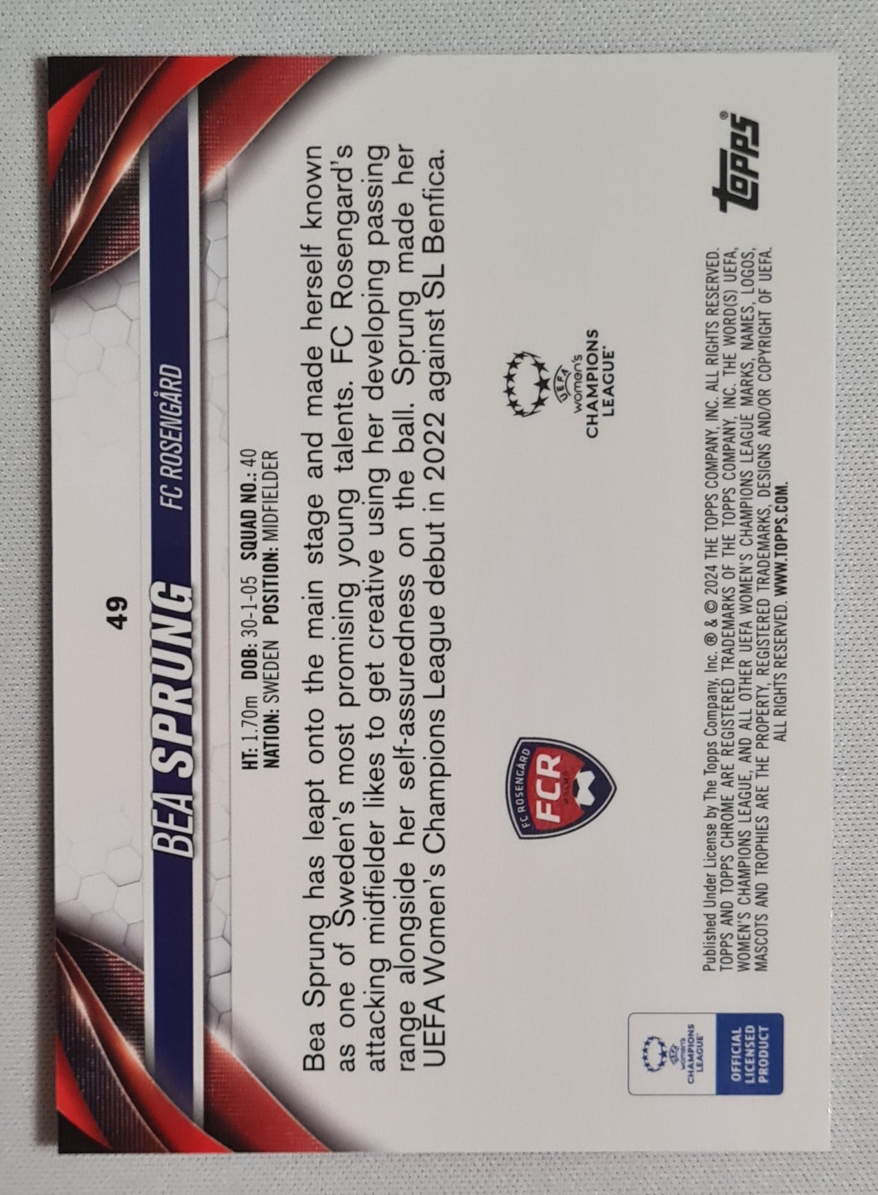 Bea Sprung - 2024 Topps Chrome #49 (RC) FCR Women Football (CL) /250