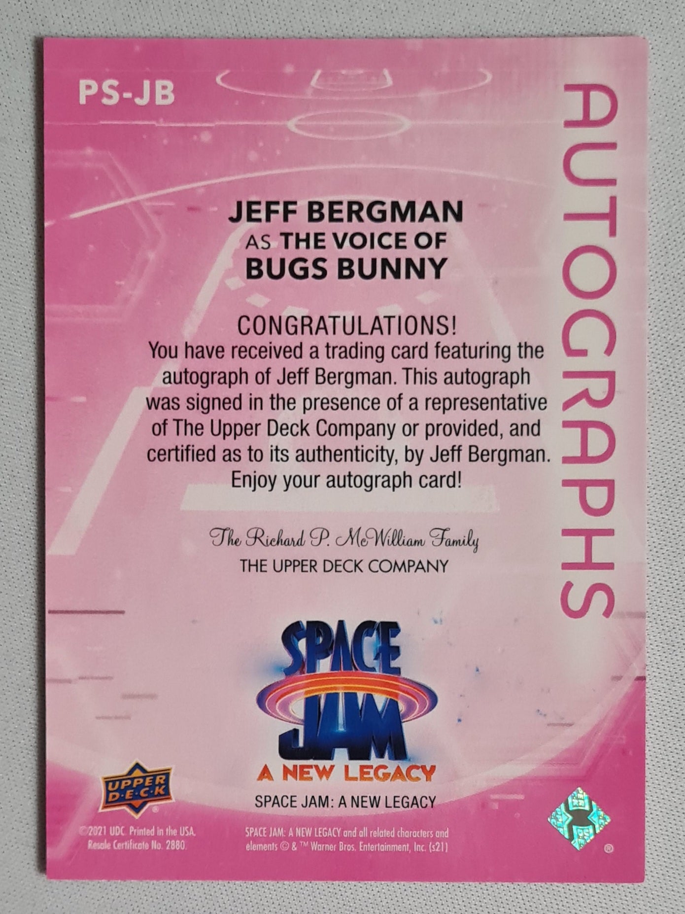 Bugs Bunny - 2021 Upper Deck Space Jam - A new Legacy with Jeff Bergman (as the voice of Bugs Bunny) #PS-JB /Autograph Rare Hit!