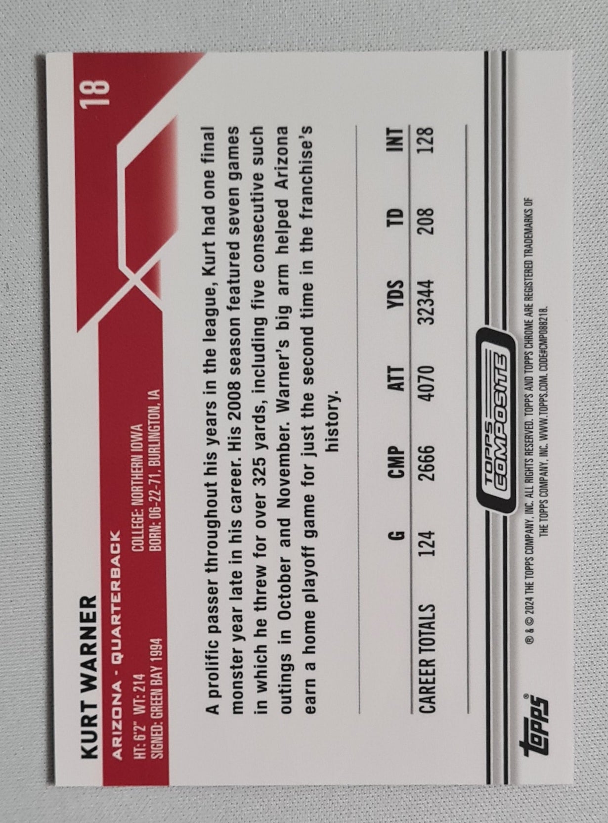 Kurt Warner - 2023 Topps Composite Chrome Pink Refractor #18 Arizona Cardinals