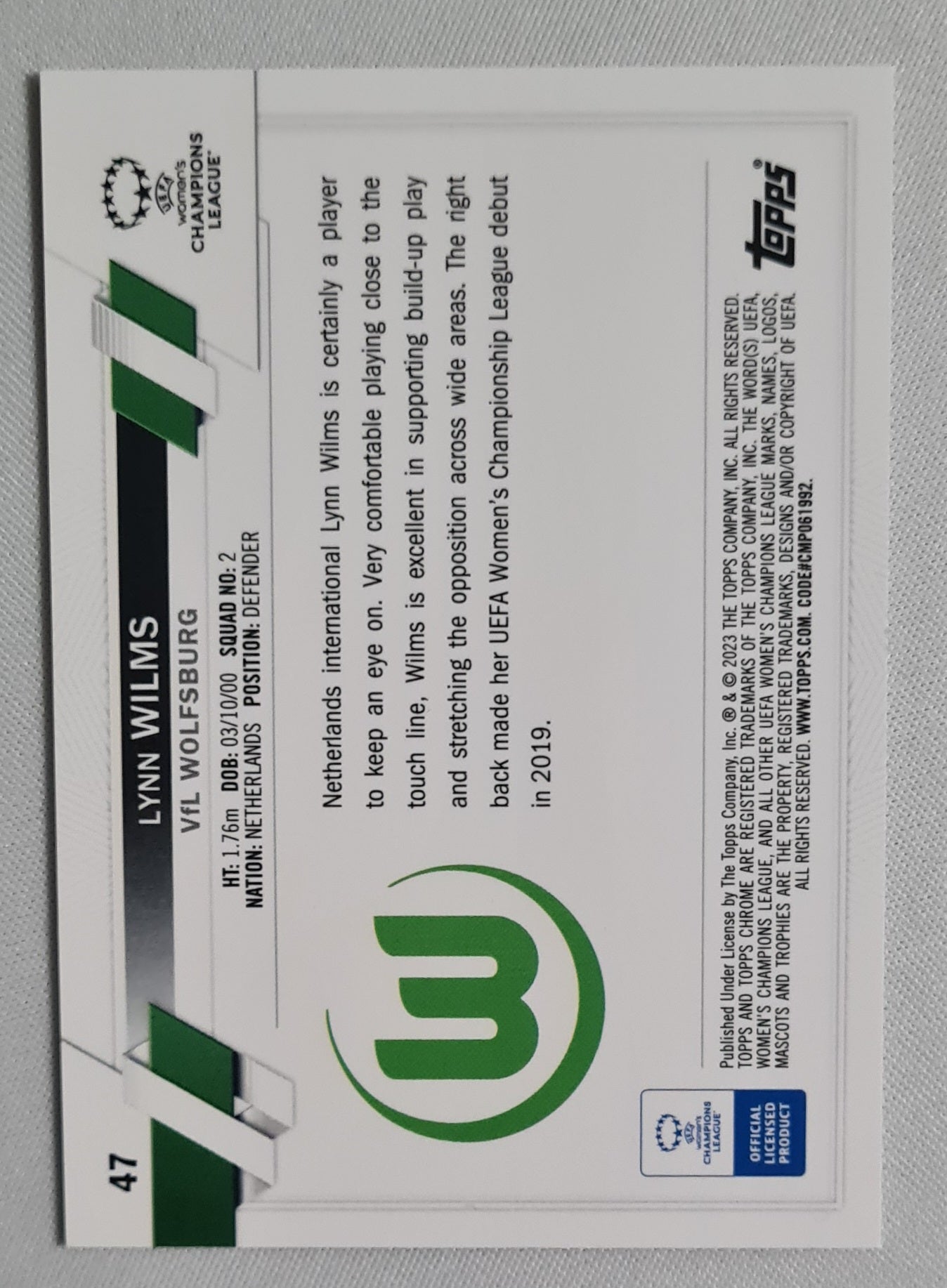 Lynn Wilms - 2023 Topps Chrome VfL Wolfsburg (CL) #47 Pulsar