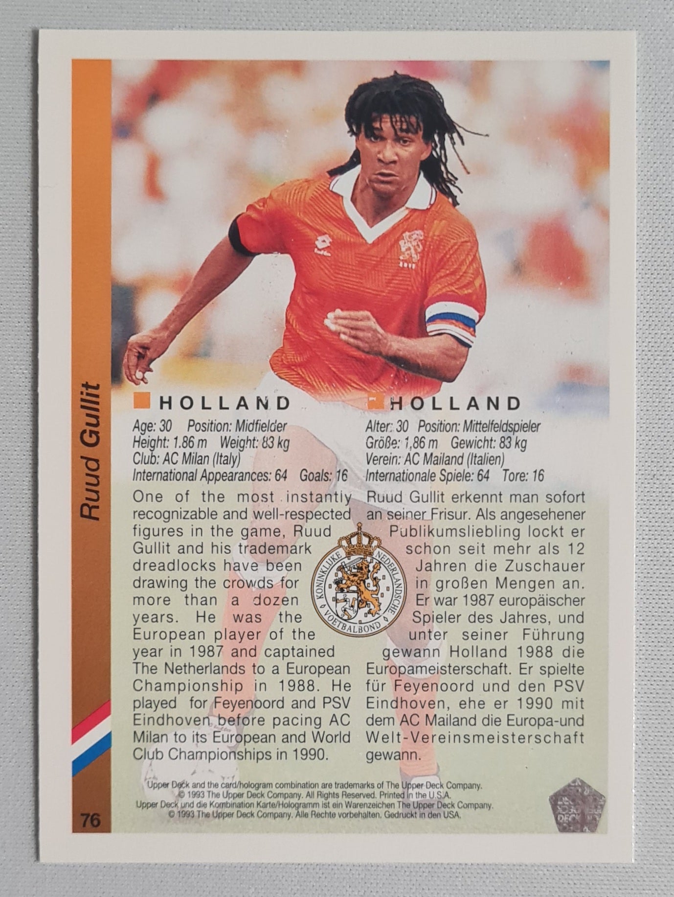 Ruud Gullit - 1993 Upper Deck #76 - 1994 World Cup USA - Dutch Superstar - Holland Forward