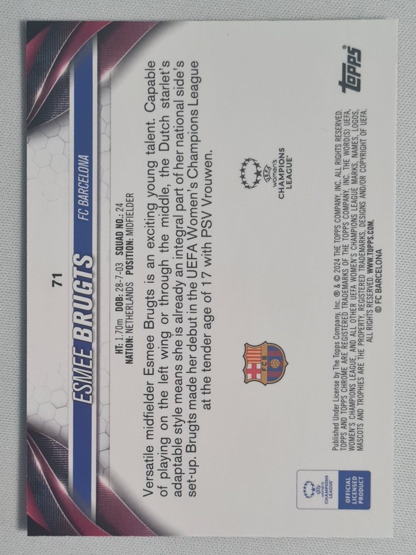 Esmee Brugts - 2024 Topps Chrome Women Champions League FC Barcelona (RC) #71 Aqua Prism Refractor