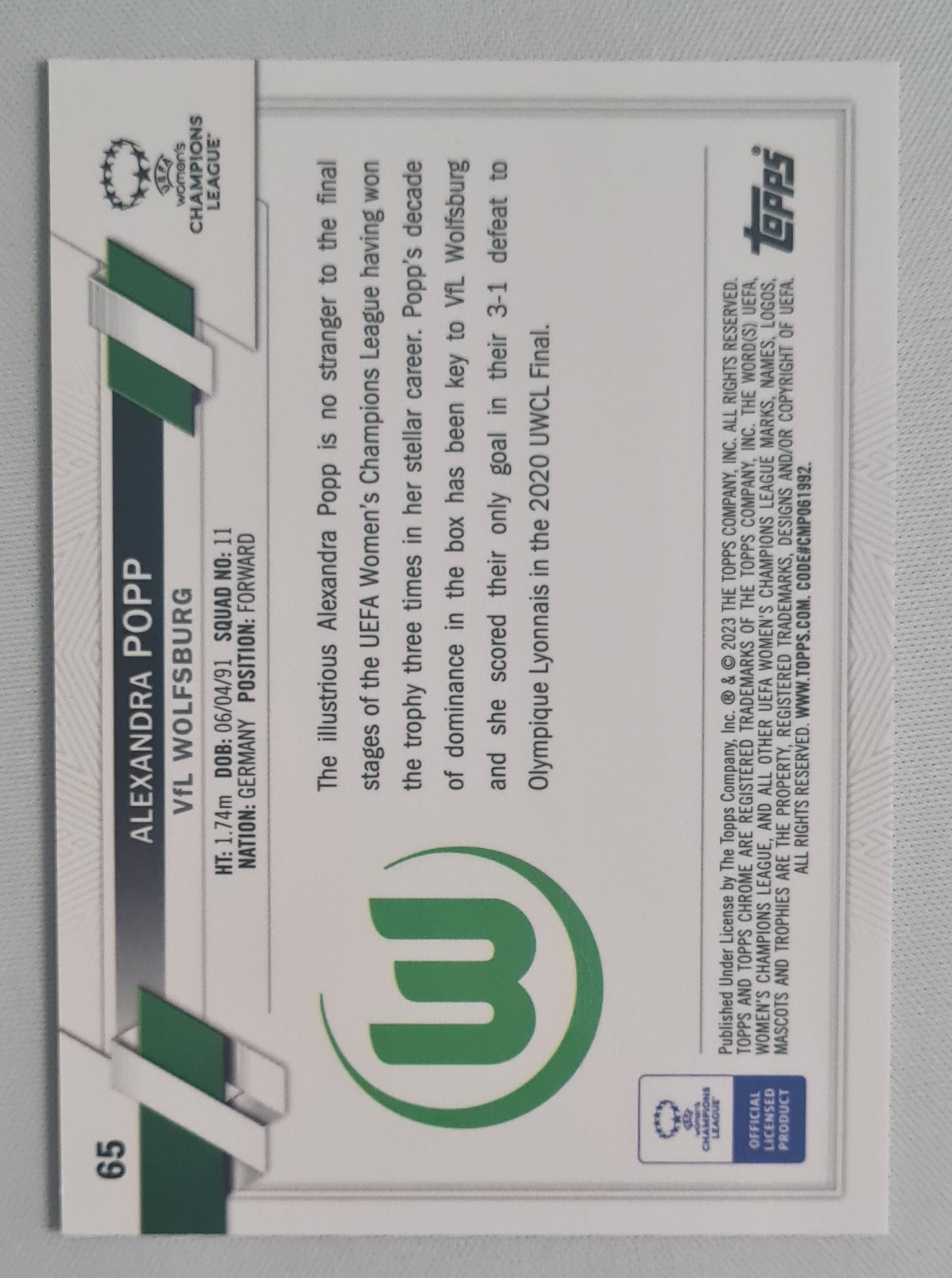 Alexandra Popp - 2023 Topps Chrome Women VfL Wolfsburg (CL) #65 /199 Pink Prism