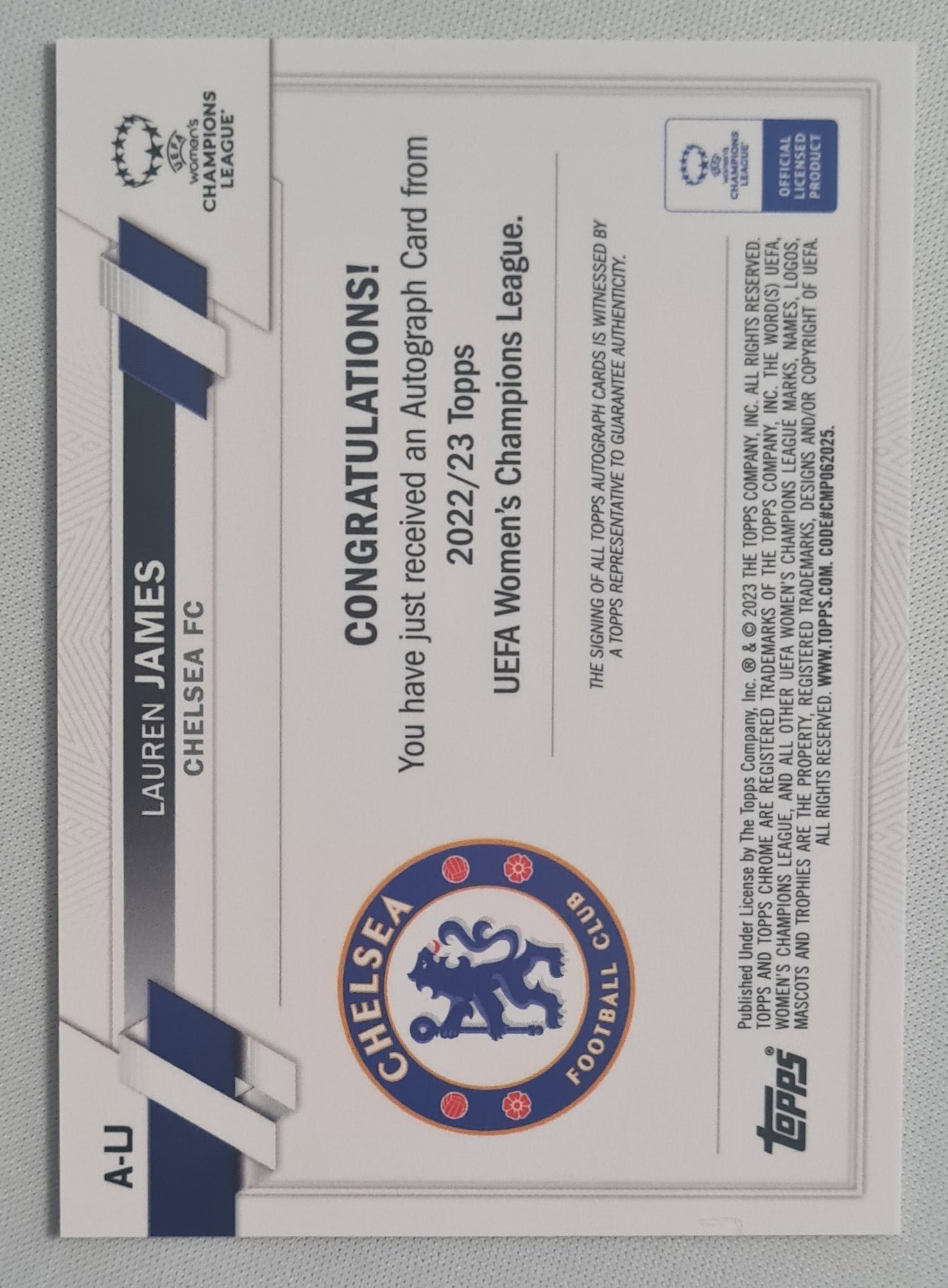 Lauren James - 2023 Topps Chrome Chelsea FC Women Champions League #A-LJ /Authograph /50