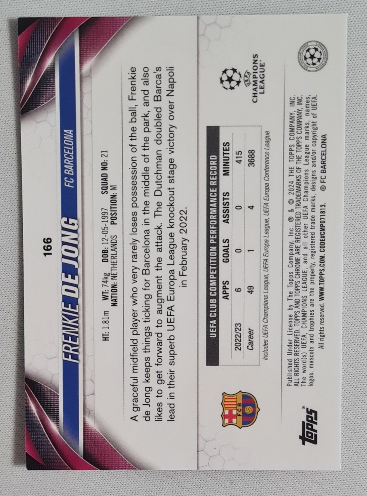 Frenkie de Jong - 2024 Topps Chrome Soccer FC Barcelona (CL) #166