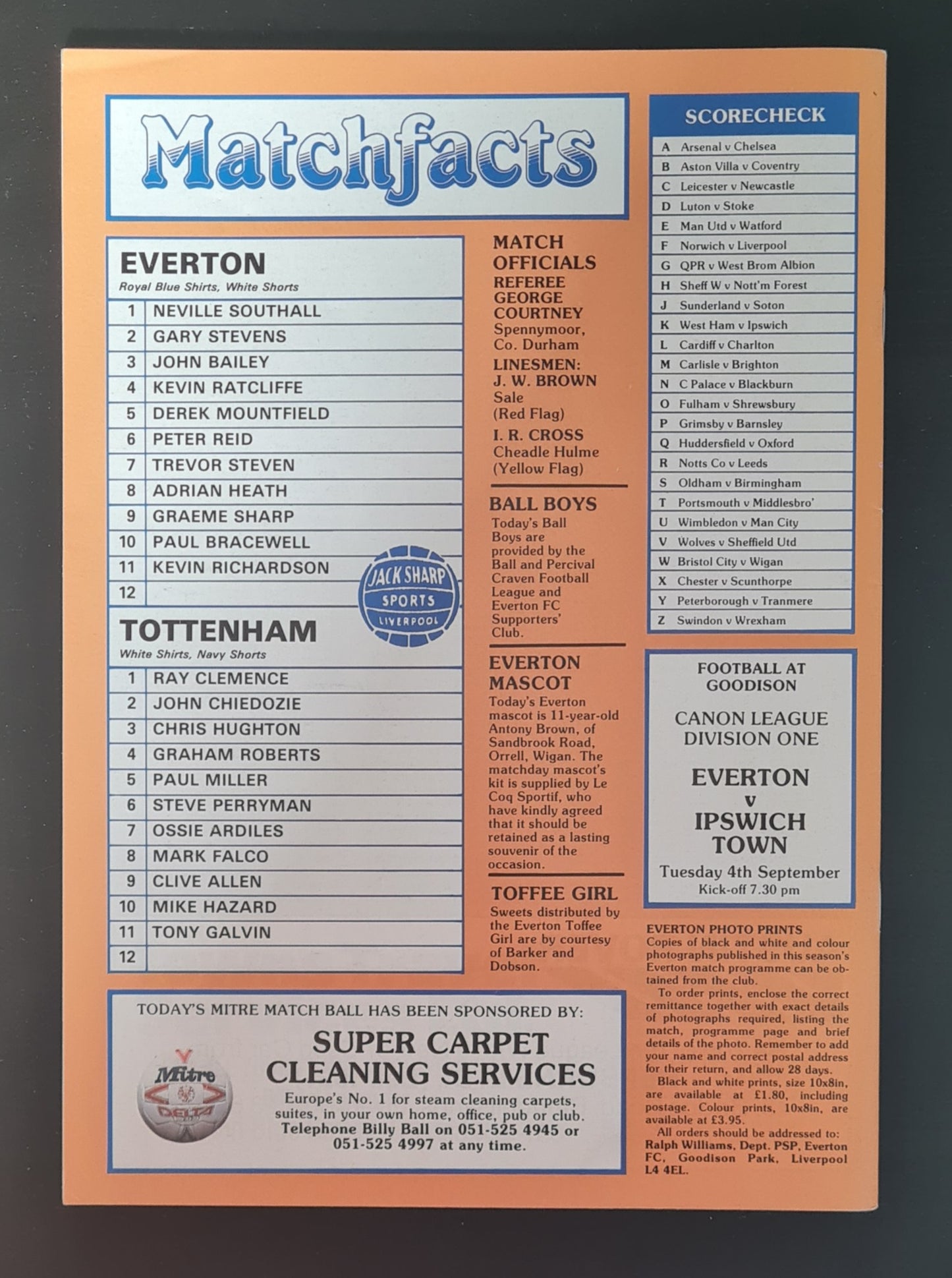 Soccer Everton Programme - 1984 Everton vs Tottenham Canon League Division 1