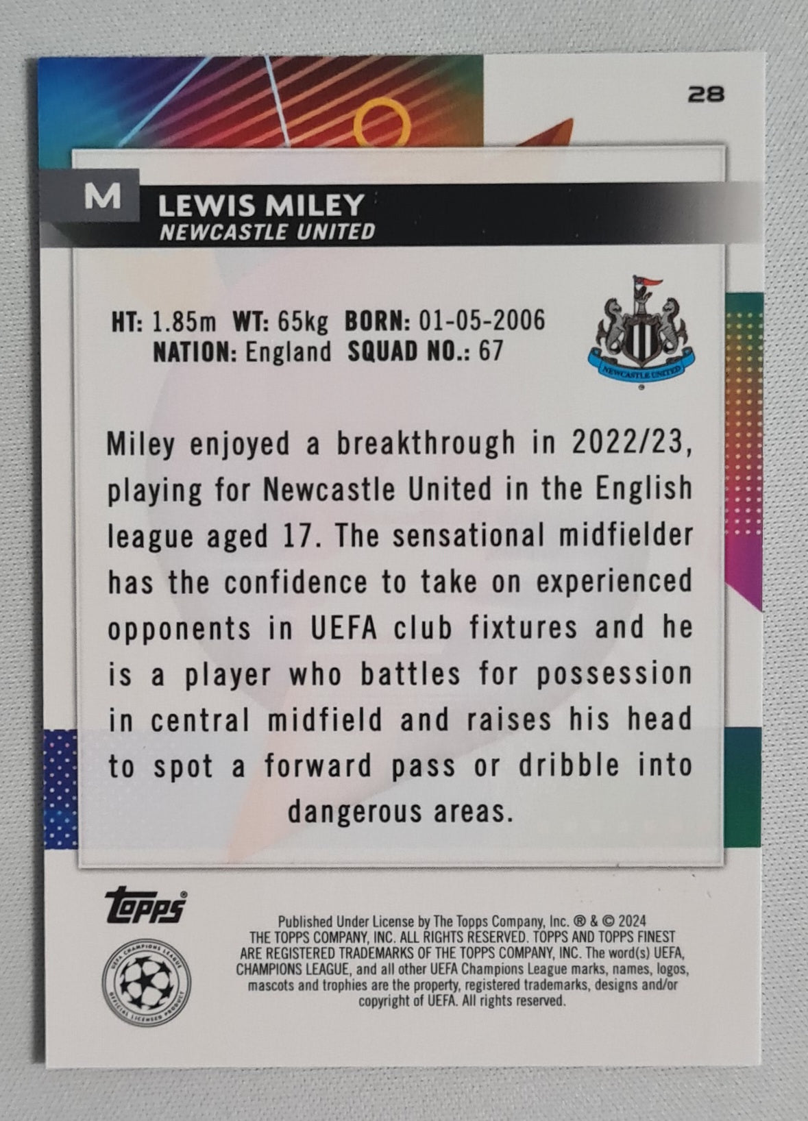 Lewis Miley - 2024 Topps Finest (RC) New Castle United (CL) #28 Sky Blue /275