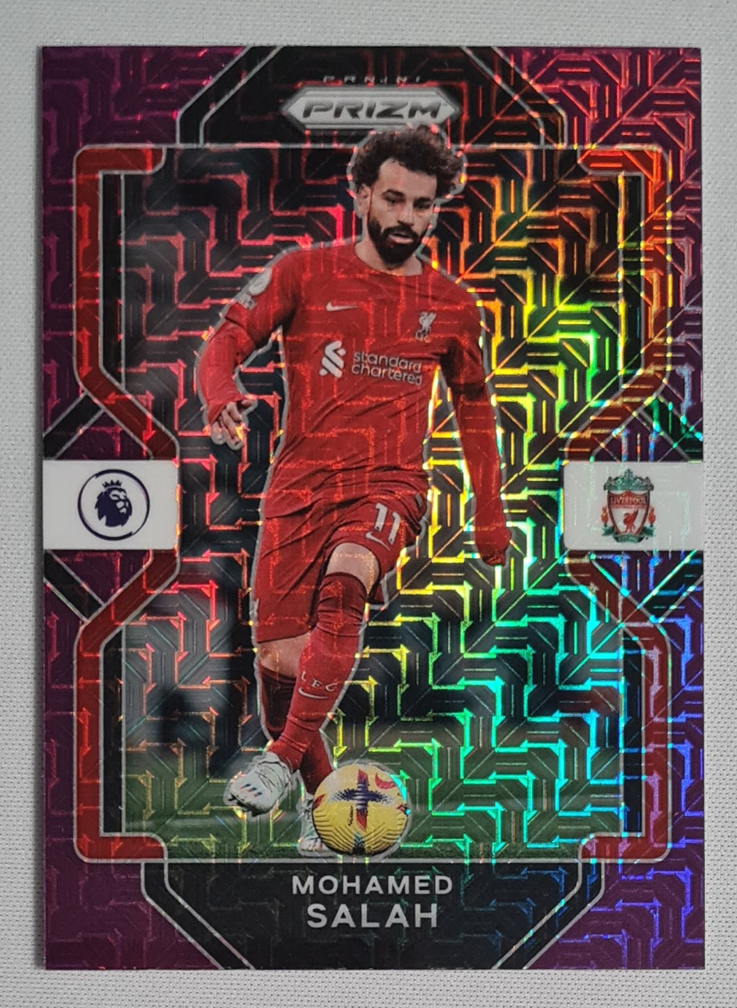 Mohamed Salah - 2022/23 Panini Chronicles Prizm Premier League Soccer - Liverpool #222 Purple Mojo Prizm